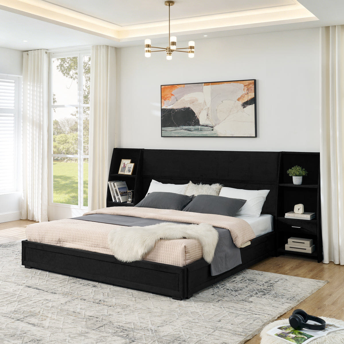 Velvet Streamdale King Size Velvet Storage Platform Bed with Bookcases & Drawer - Black