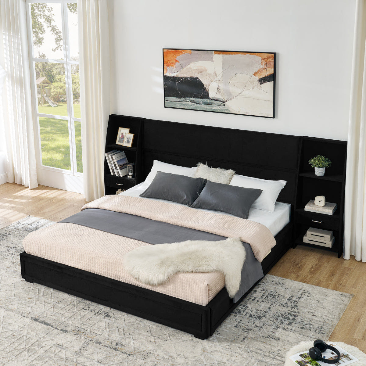 Velvet Streamdale King Size Velvet Storage Platform Bed with Bookcases & Drawer - Black