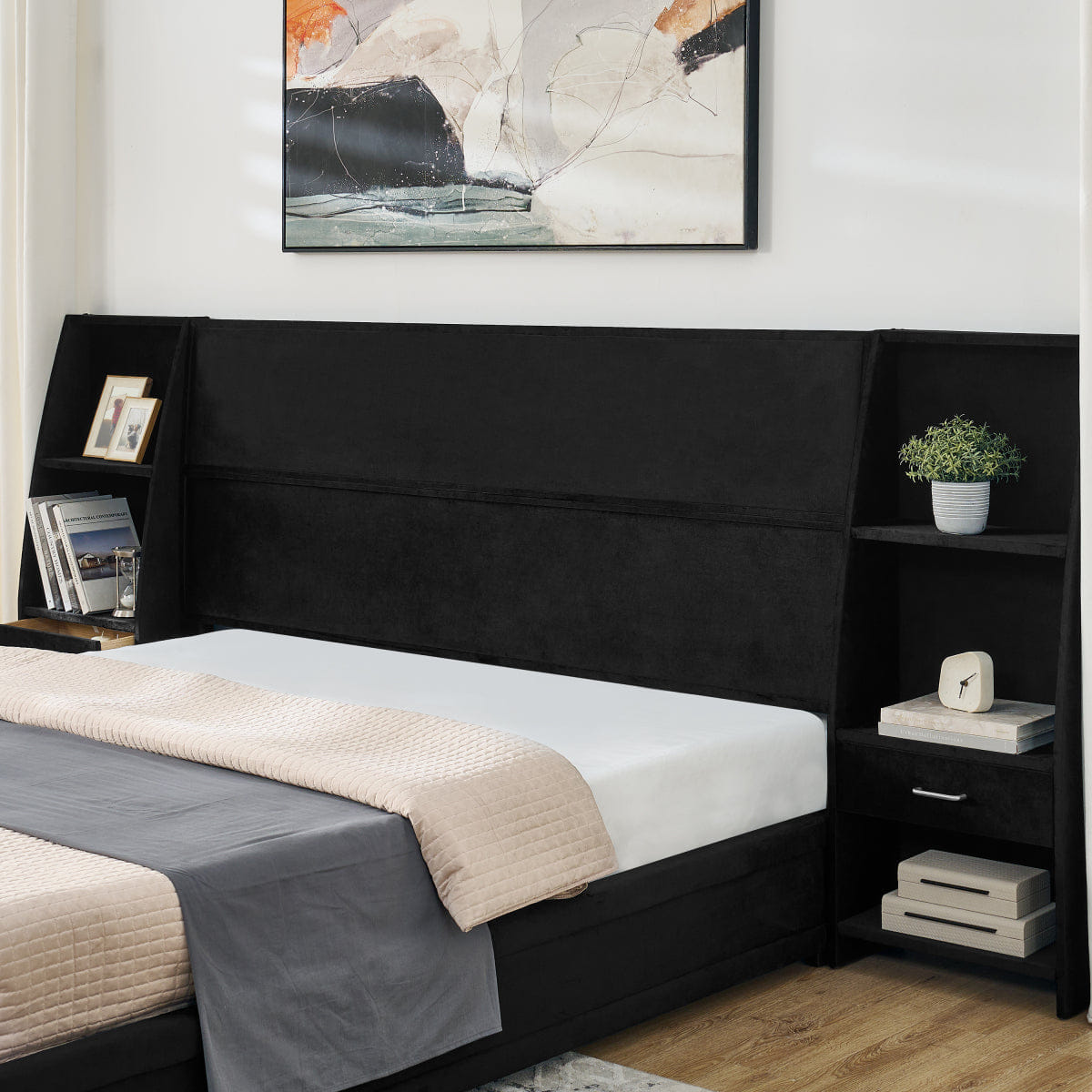Velvet Streamdale King Size Velvet Storage Platform Bed with Bookcases & Drawer - Black