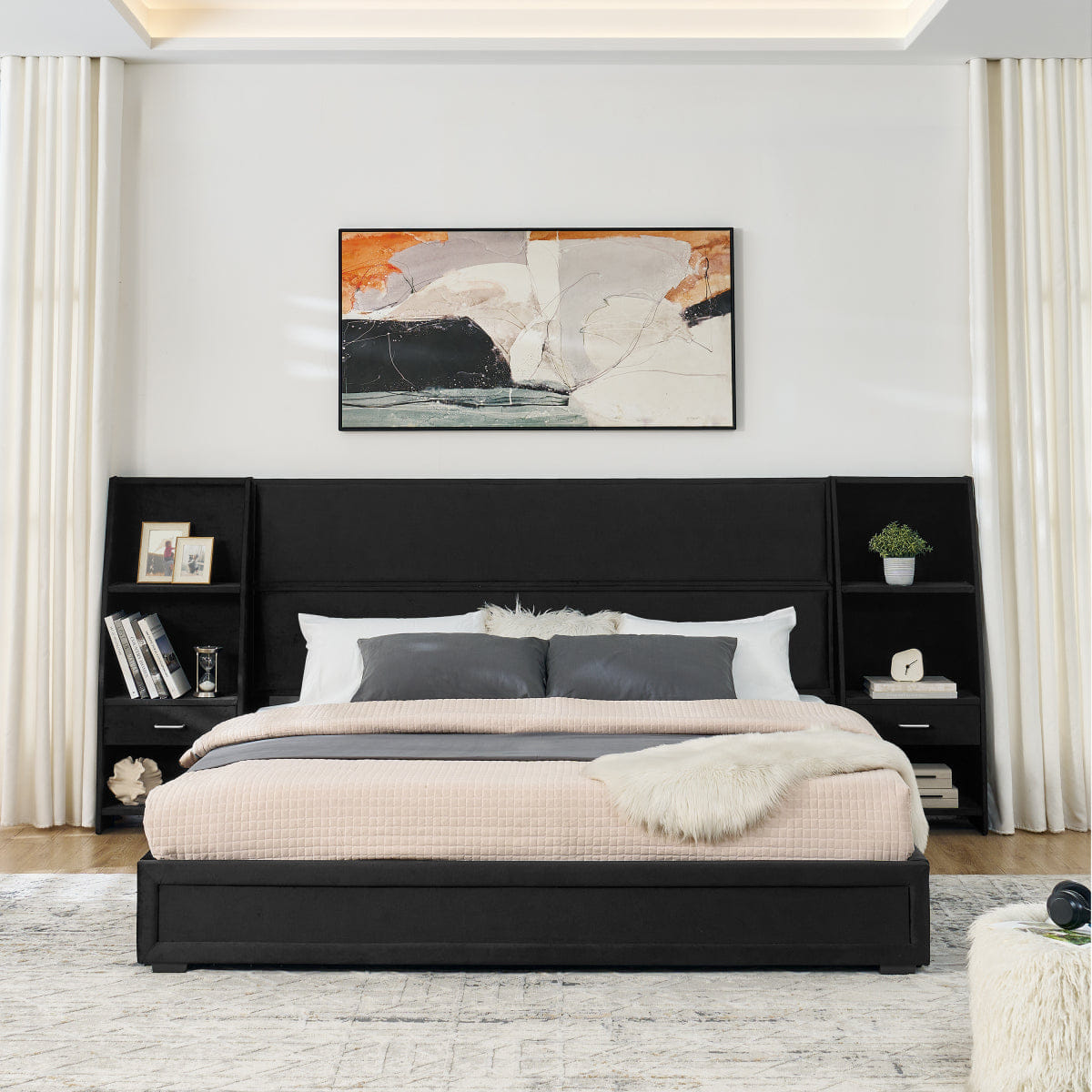 Velvet Streamdale King Size Velvet Storage Platform Bed with Bookcases & Drawer - Black