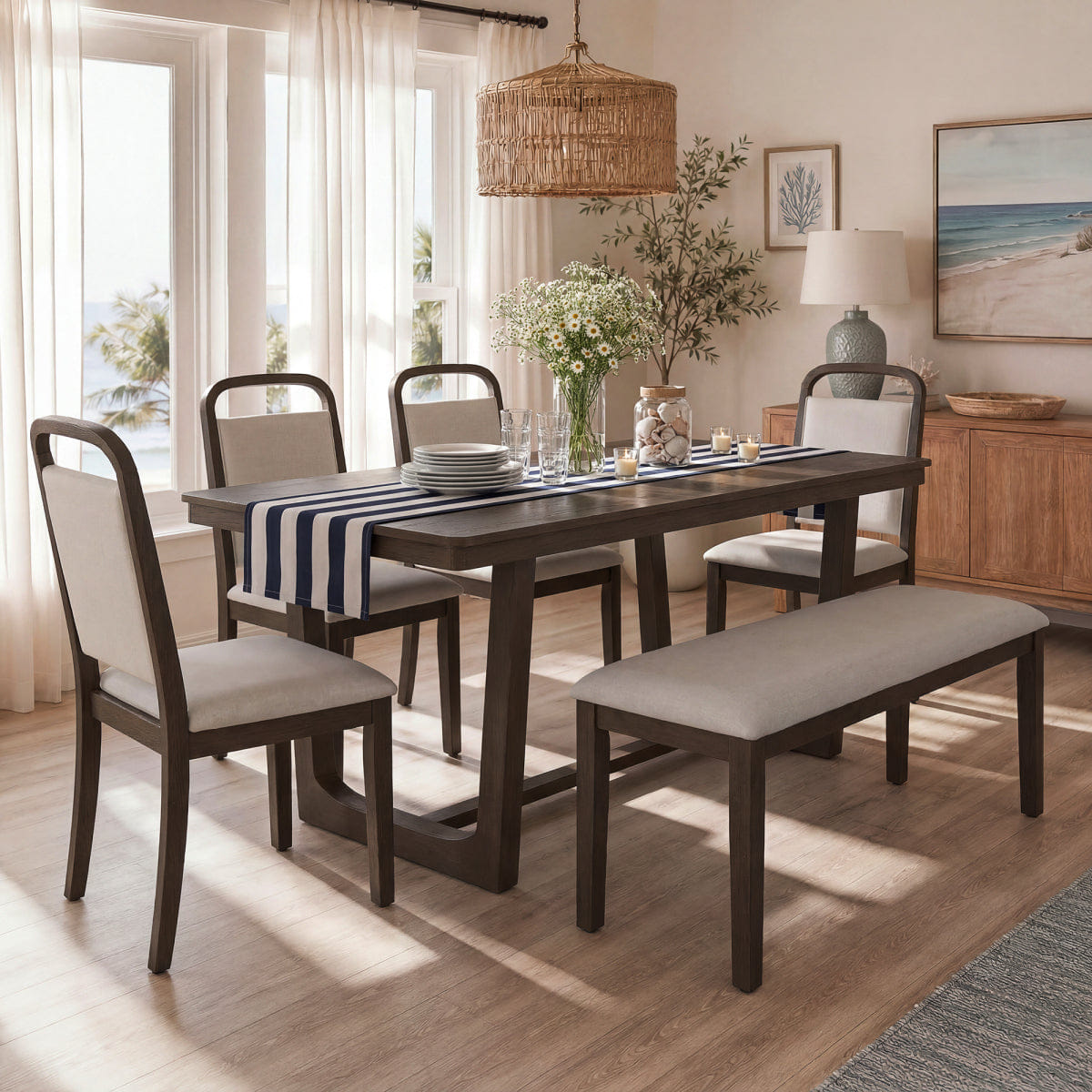 And Streamdale 6 - Piece Farmhouse Dining Table Set with 4 Chairs and 1 Bench (Brown)