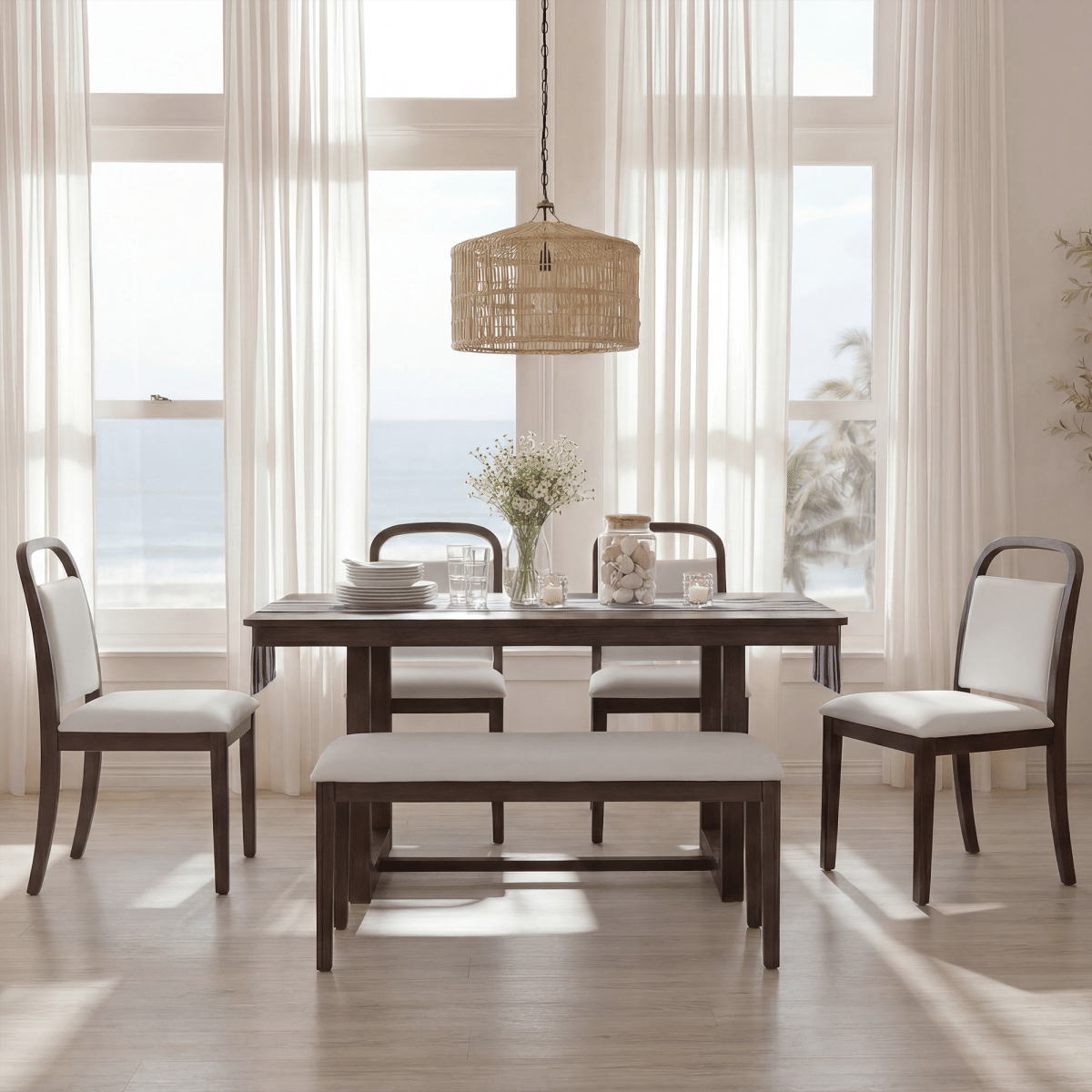 And Streamdale 6 - Piece Farmhouse Dining Table Set with 4 Chairs and 1 Bench (Brown)