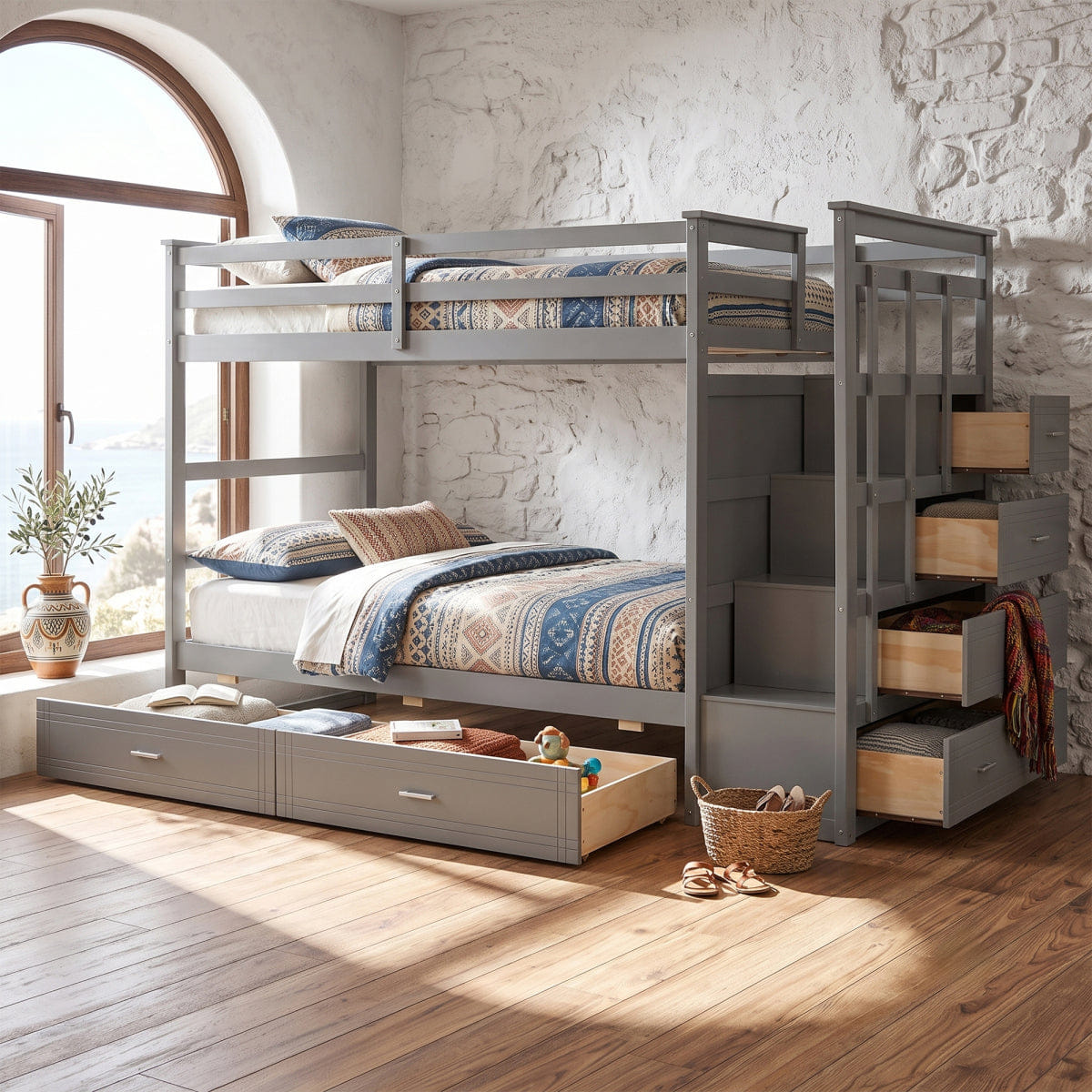And Streamdale Twin Over Twin Bunk Bed with 2 Drawers and Staircase, Gray