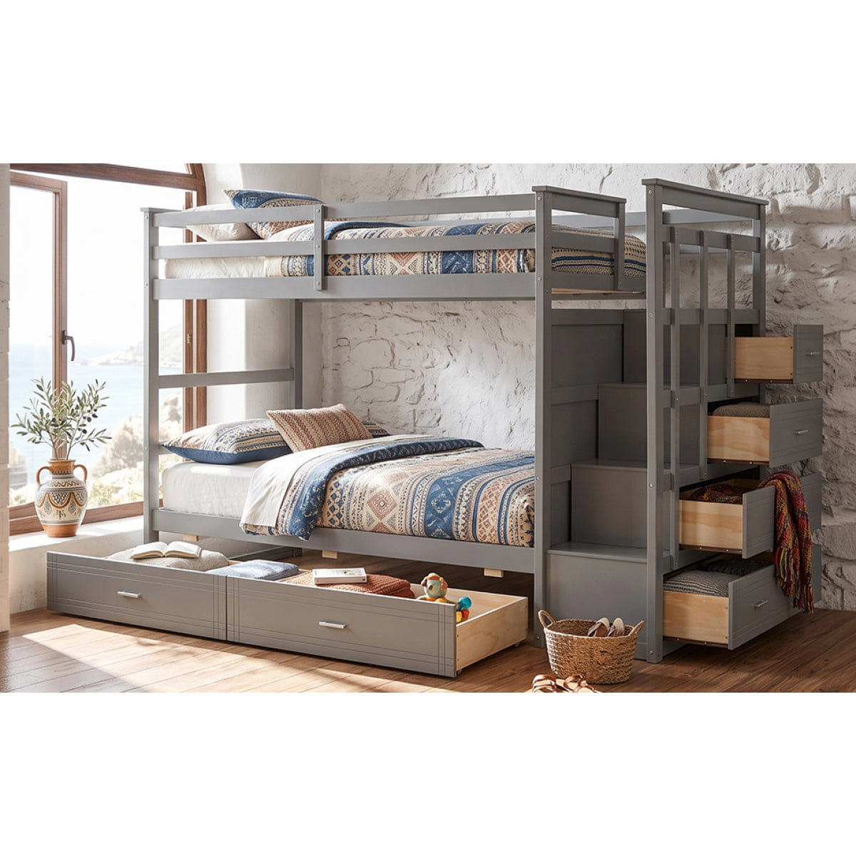 And Streamdale Twin Over Twin Bunk Bed with 2 Drawers and Staircase, Gray