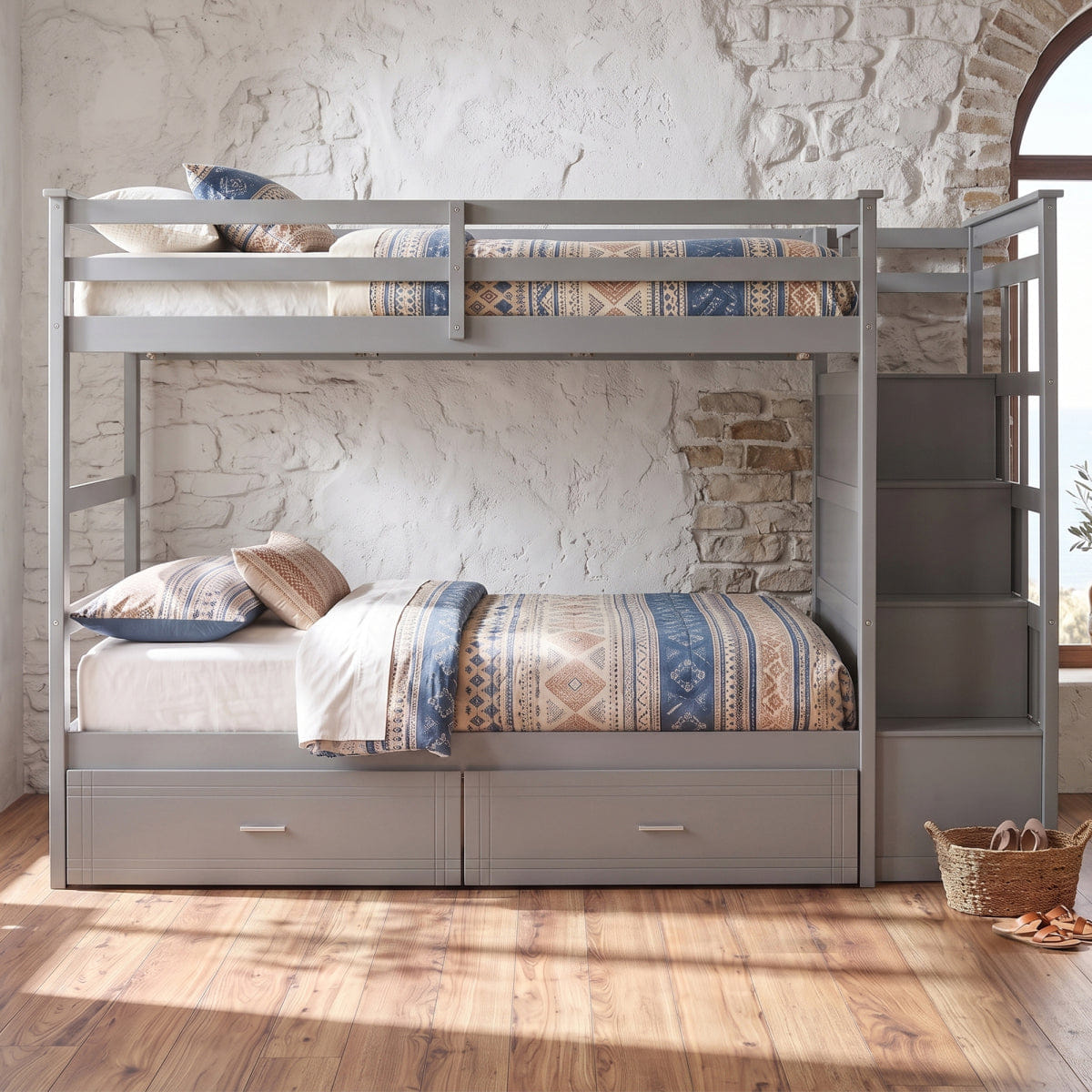 And Streamdale Twin Over Twin Bunk Bed with 2 Drawers and Staircase, Gray