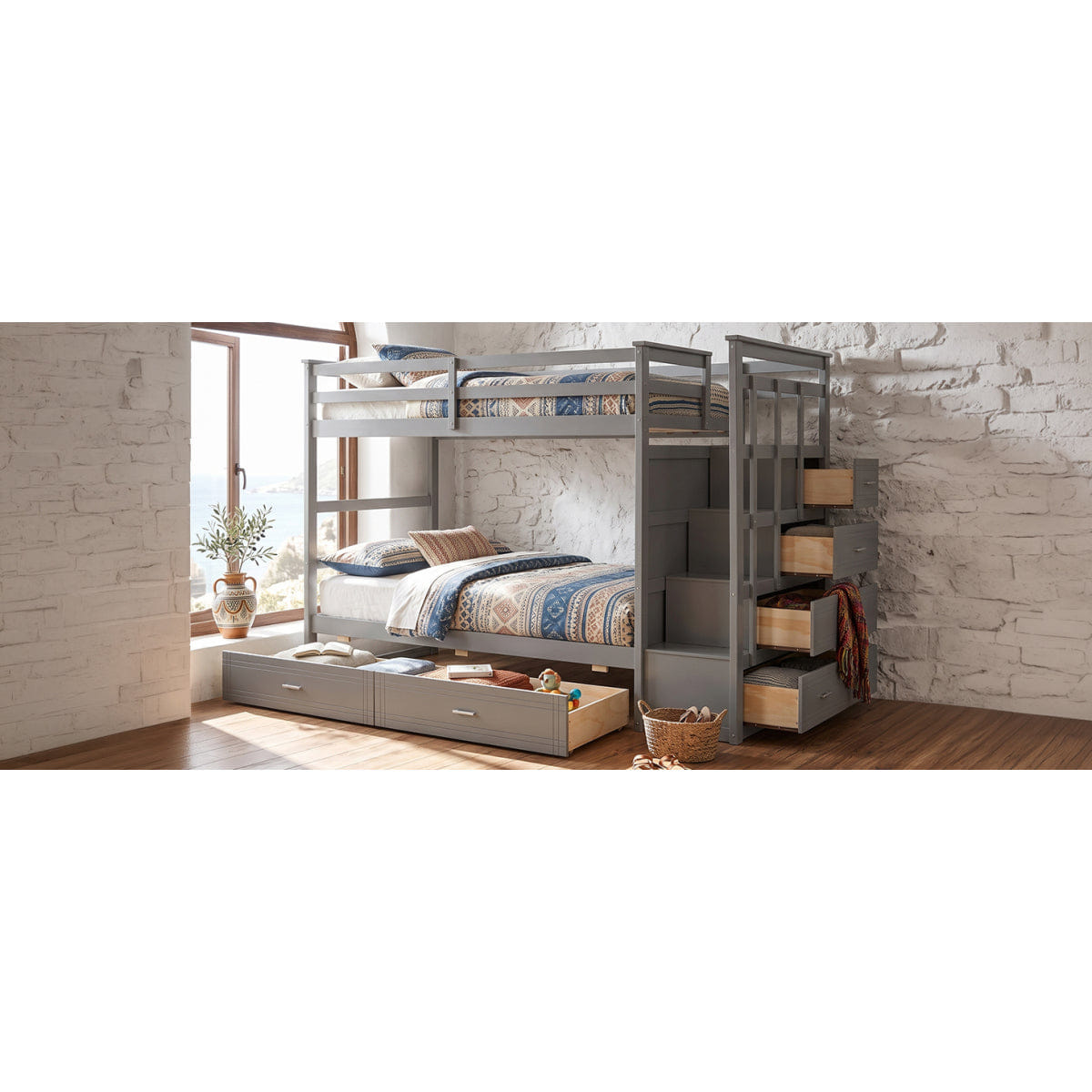 And Streamdale Twin Over Twin Bunk Bed with 2 Drawers and Staircase, Gray
