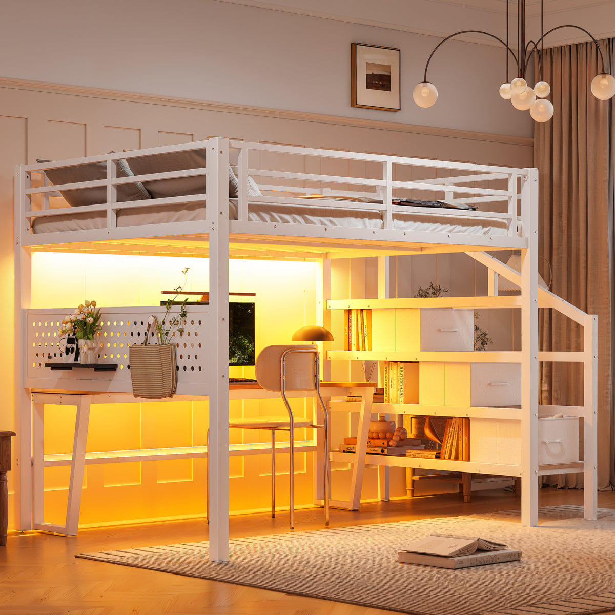 WHITE* Streamdale Full Metal Loft Bed with Desk, Storage Stairs, USB & LED, White
