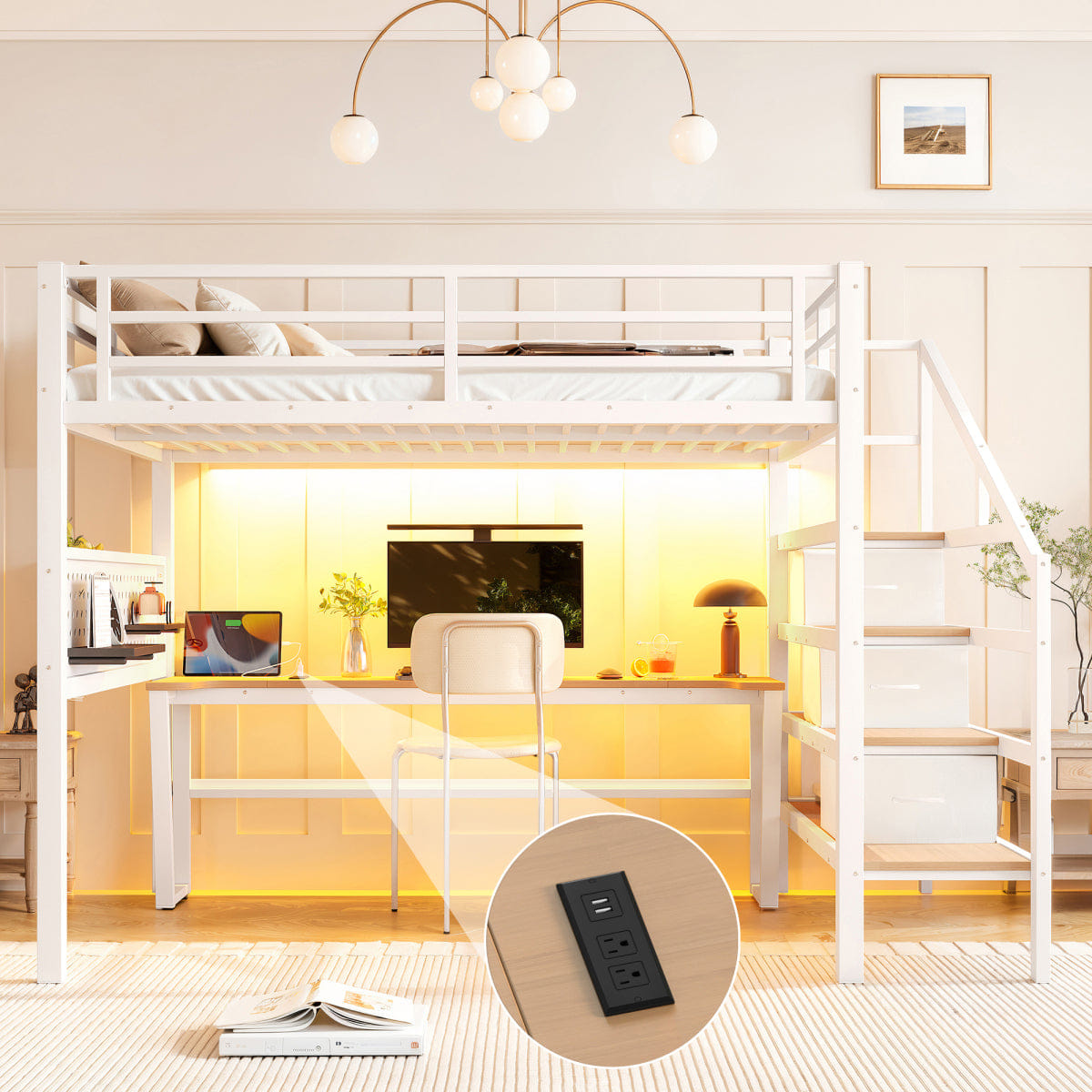 WHITE* Streamdale Full Metal Loft Bed with Desk, Storage Stairs, USB & LED, White