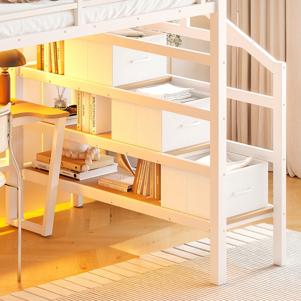 WHITE* Streamdale Full Metal Loft Bed with Desk, Storage Stairs, USB & LED, White