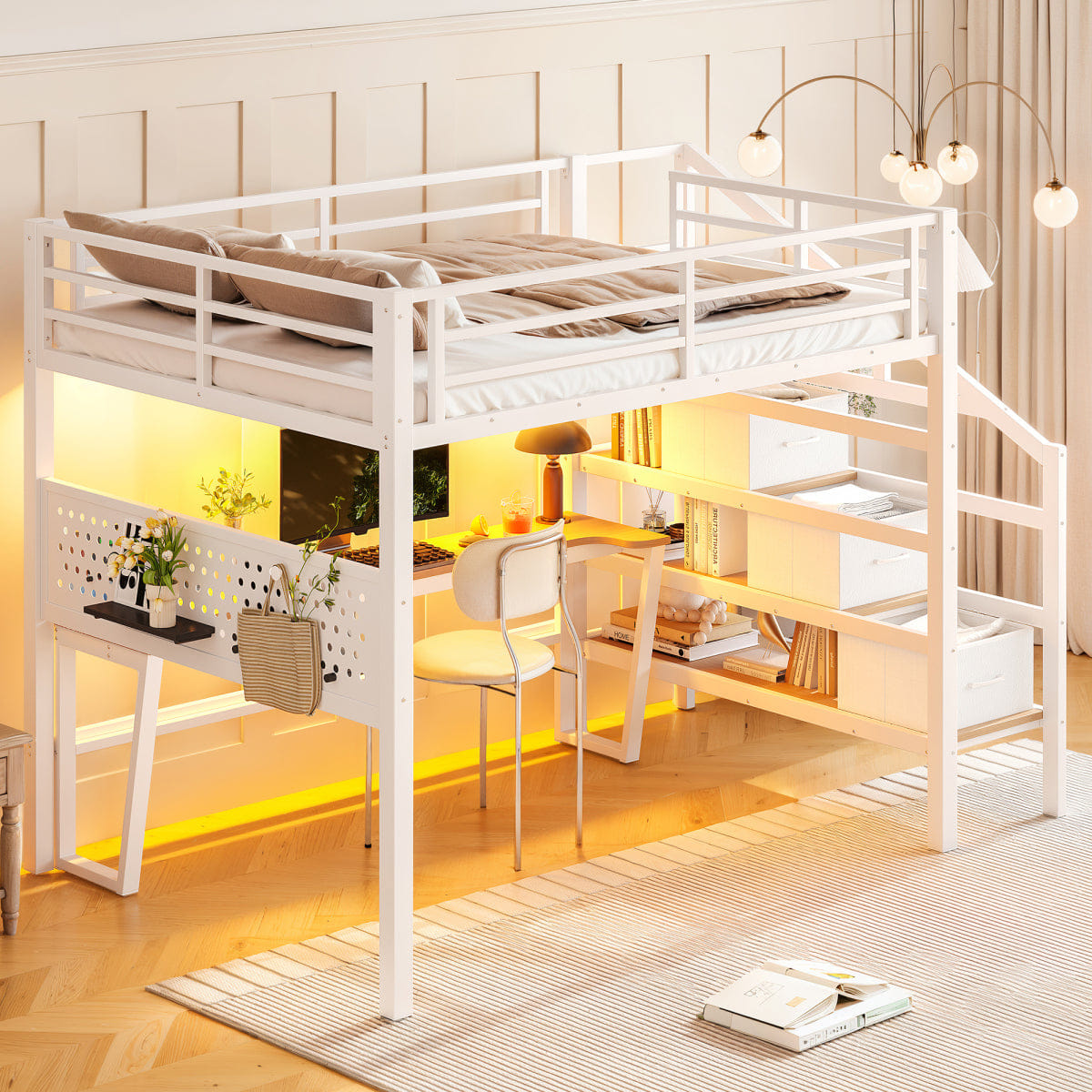 WHITE* Streamdale Full Metal Loft Bed with Desk, Storage Stairs, USB & LED, White