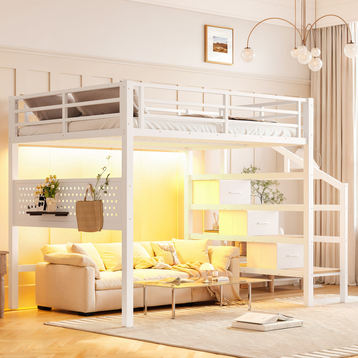 WHITE* Streamdale Full Metal Loft Bed with Desk, Storage Stairs, USB & LED, White