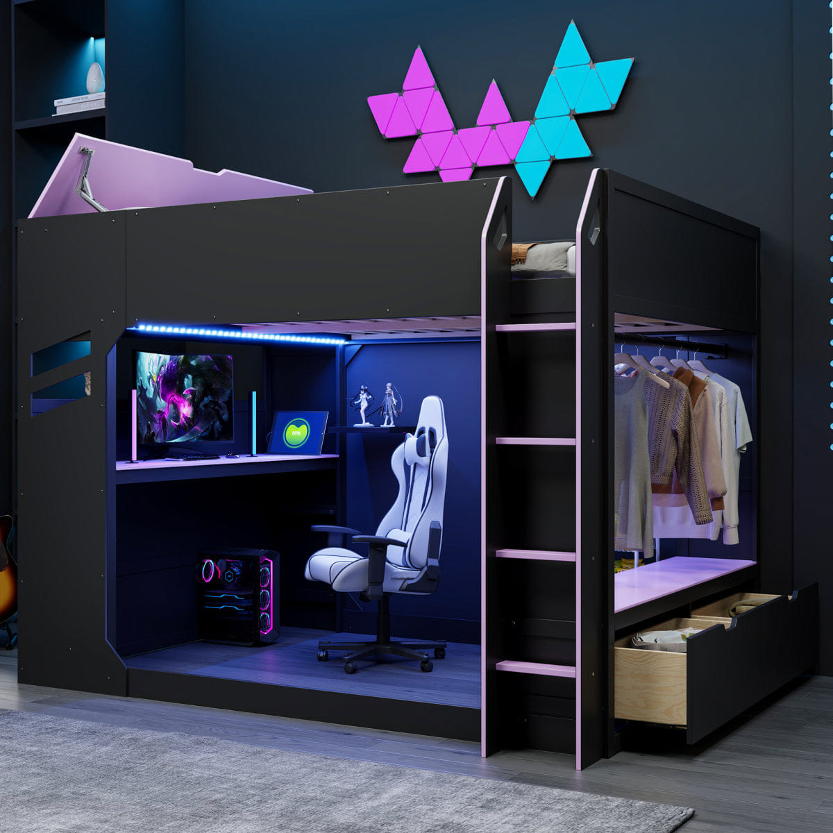 Purple Streamdale Full Size Wood Loft Bed with Desk, Storage, Drawers & RGB Lights, Black/Purple