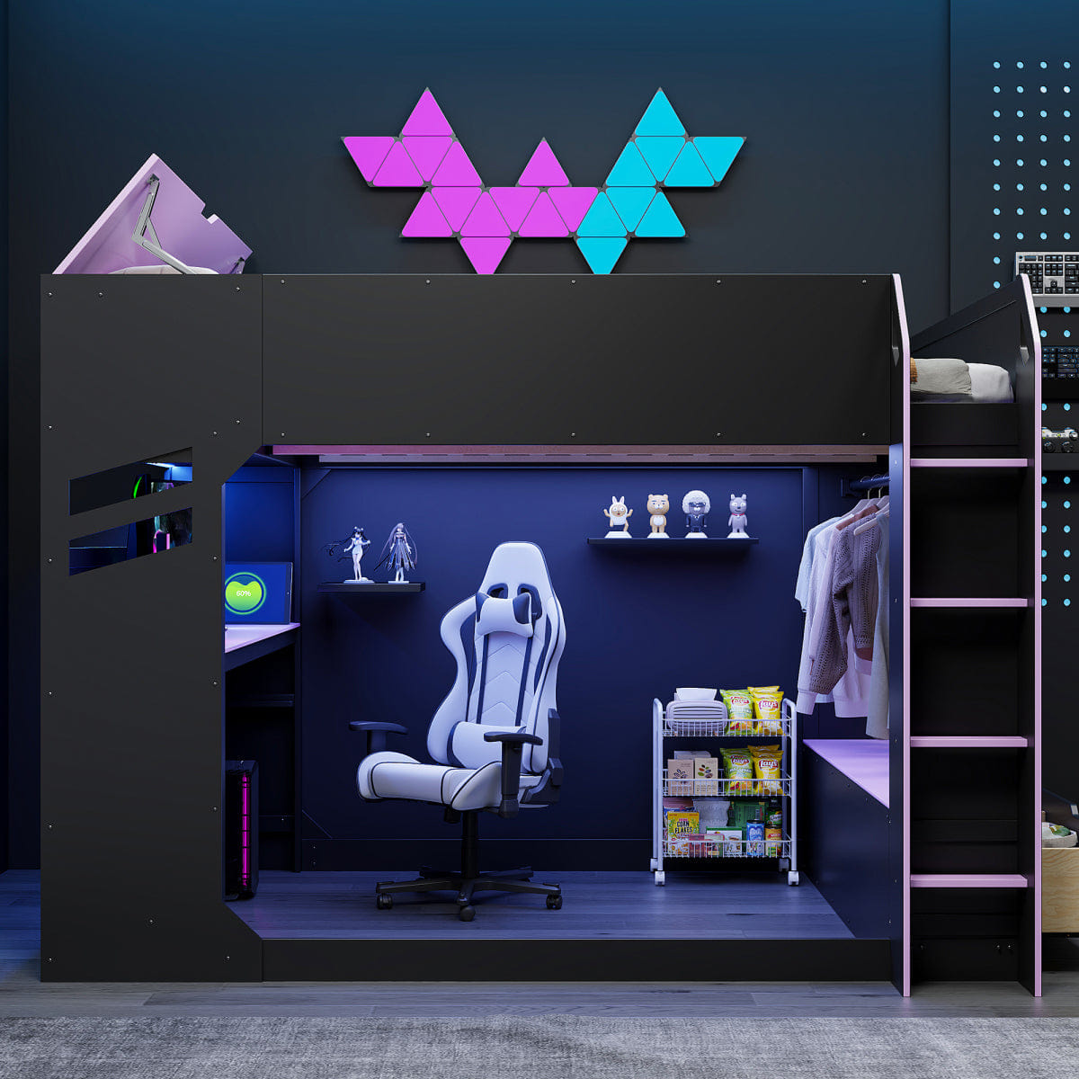 Purple Streamdale Full Size Wood Loft Bed with Desk, Storage, Drawers & RGB Lights, Black/Purple