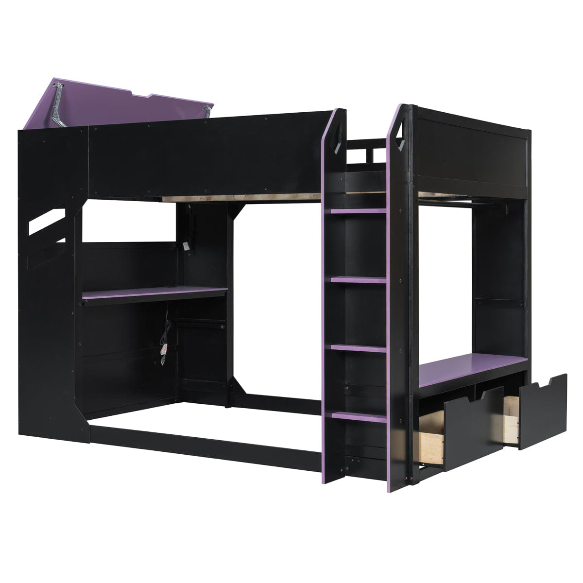 Purple Streamdale Full Size Wood Loft Bed with Desk, Storage, Drawers & RGB Lights, Black/Purple