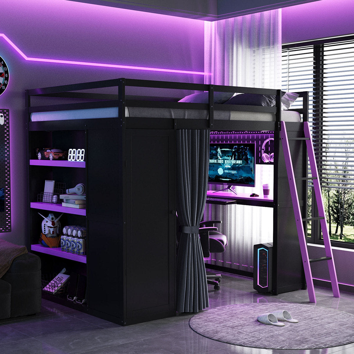 Purple Streamdale Wood Full Loft Bed with Wardrobe, Shelves, Curtains & RGB Lights, Black/Purple