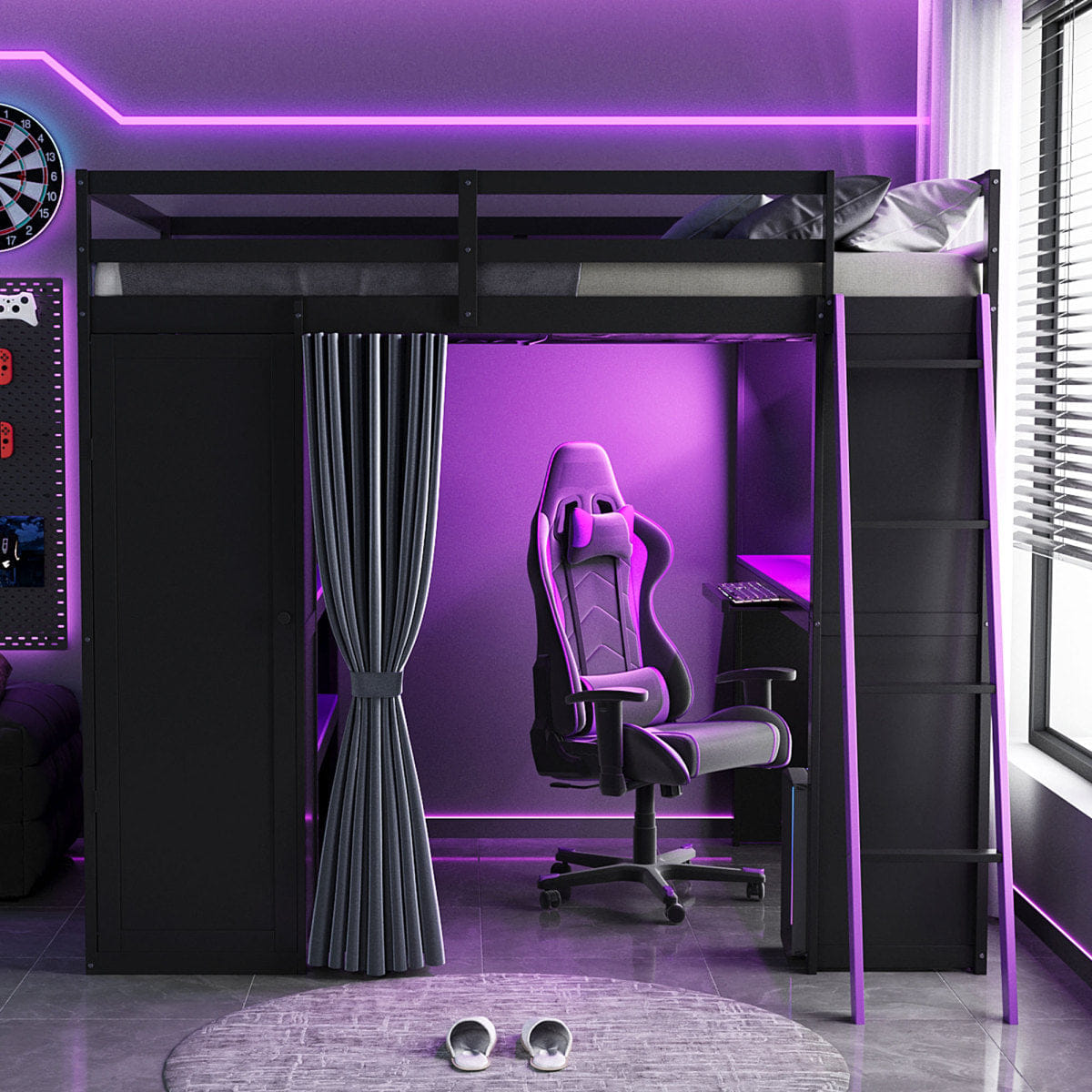 Purple Streamdale Wood Full Loft Bed with Wardrobe, Shelves, Curtains & RGB Lights, Black/Purple
