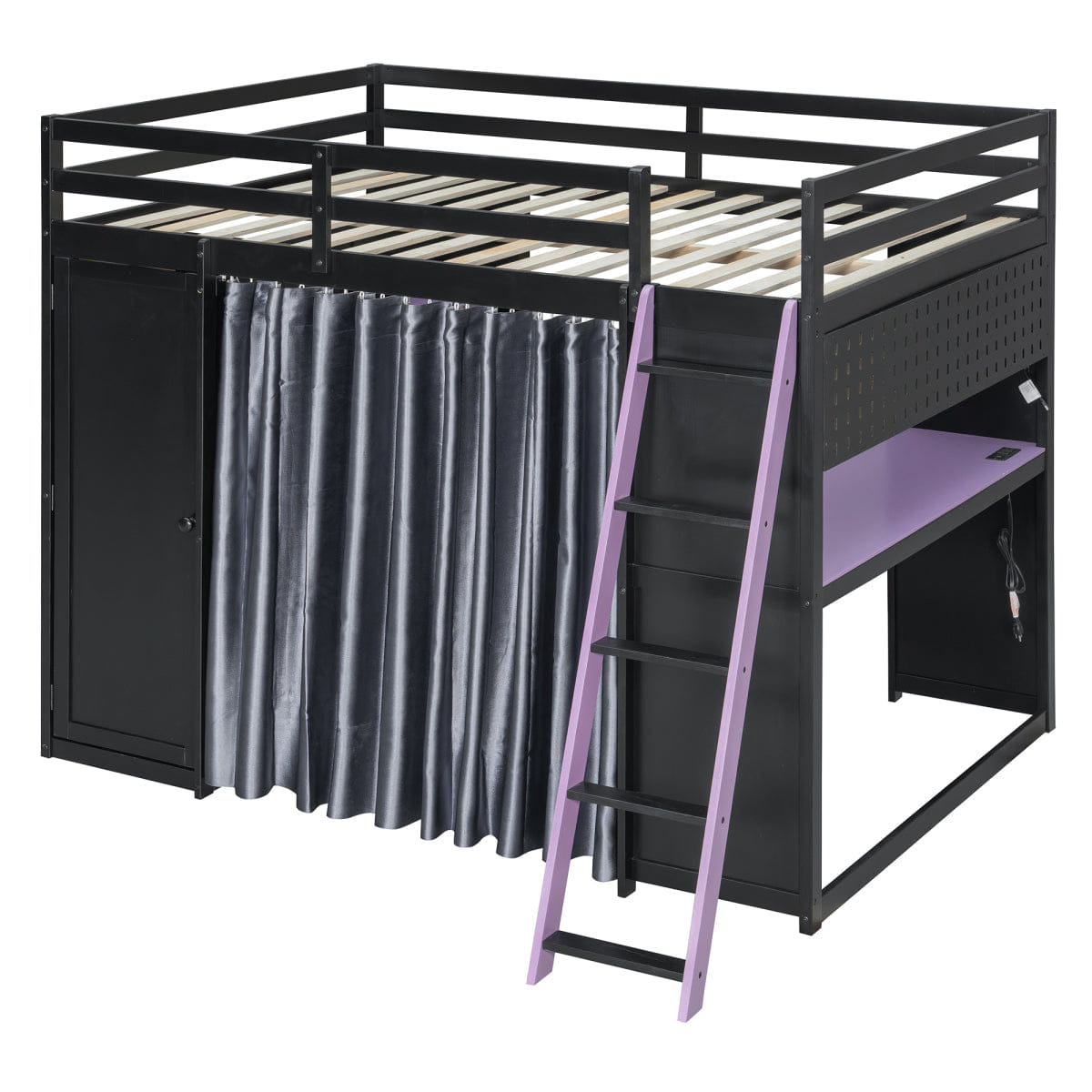 Purple Streamdale Wood Full Loft Bed with Wardrobe, Shelves, Curtains & RGB Lights, Black/Purple