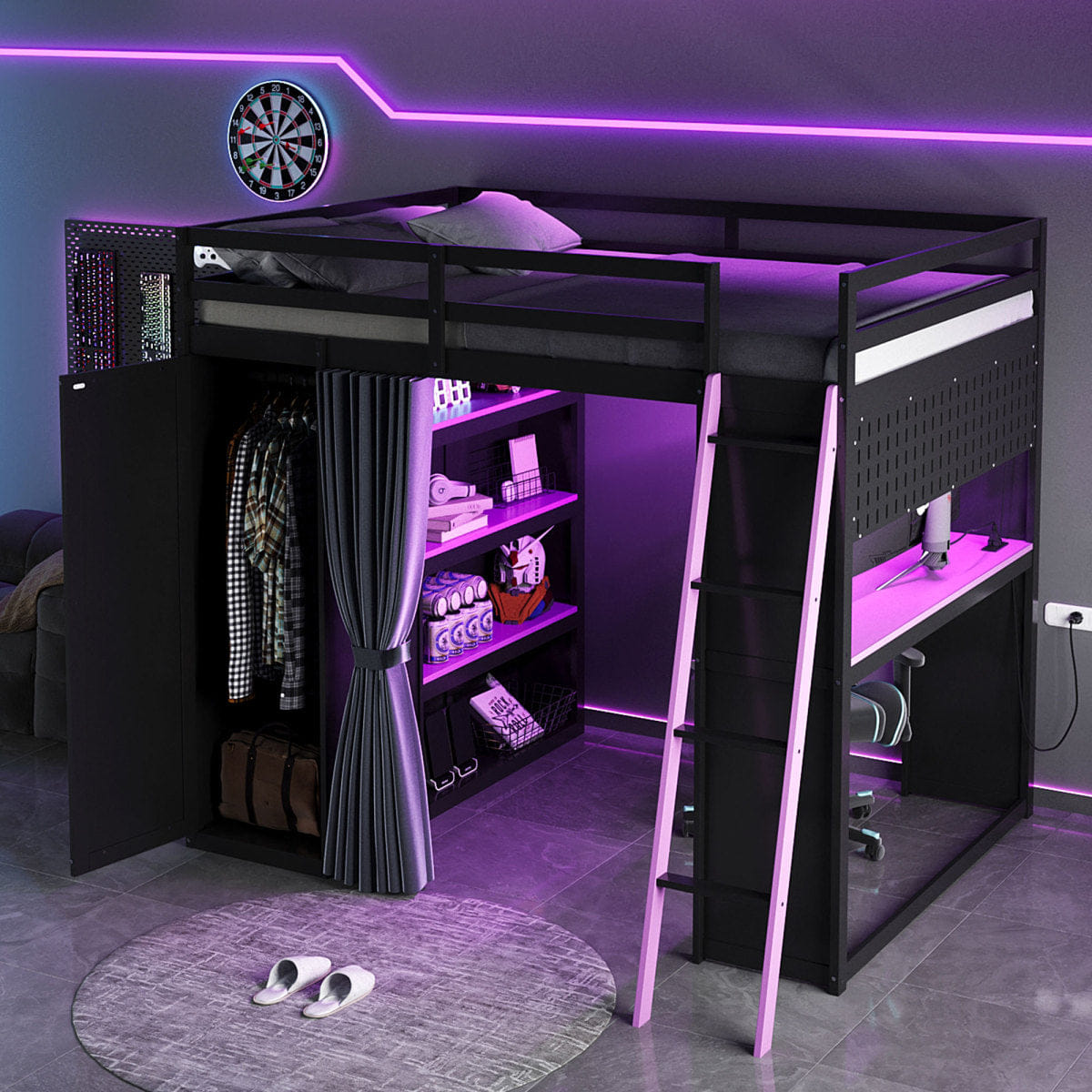 Purple Streamdale Wood Full Loft Bed with Wardrobe, Shelves, Curtains & RGB Lights, Black/Purple