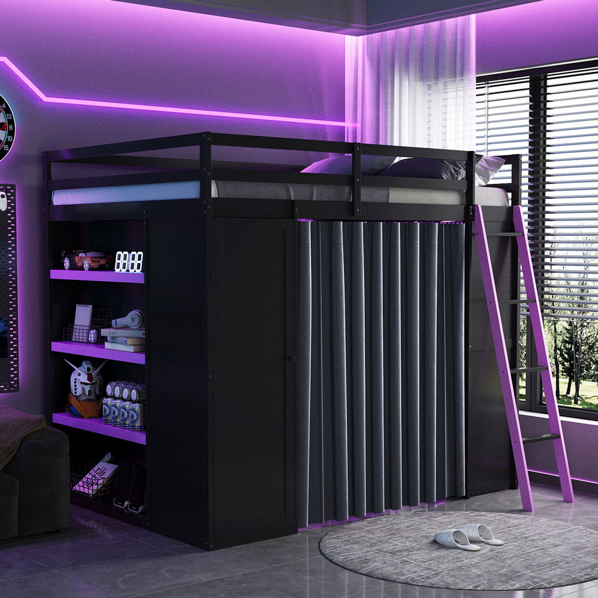 Purple Streamdale Wood Full Loft Bed with Wardrobe, Shelves, Curtains & RGB Lights, Black/Purple