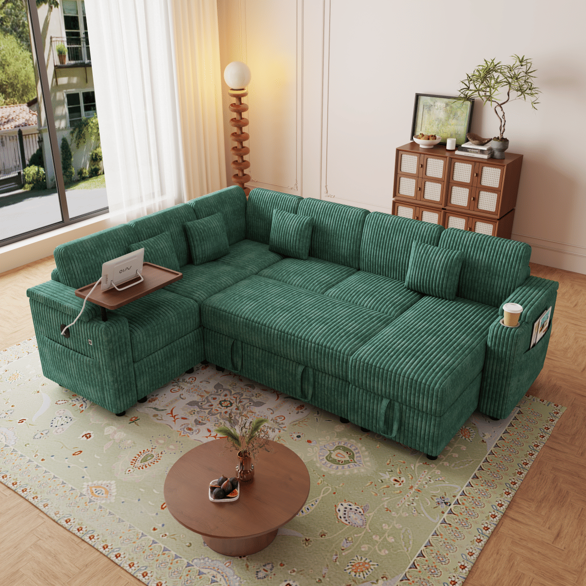 Corduroy Streamdale 100" U - Shaped Corduroy Pull - Out Sofa Bed with USB Ports & Storage