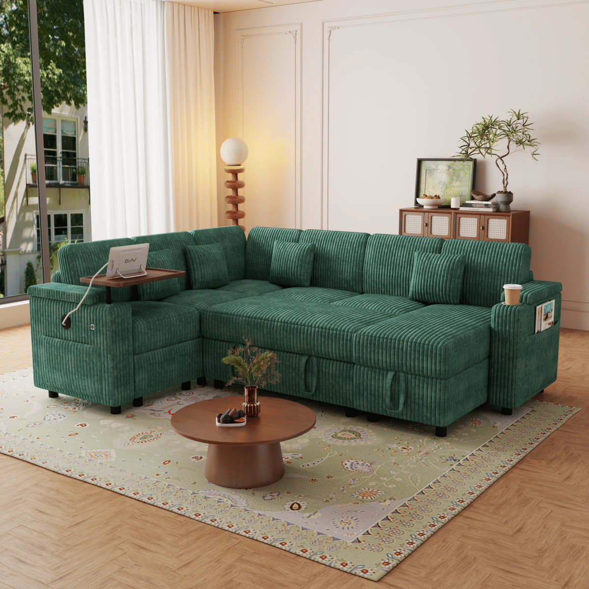 Corduroy Streamdale 100" U - Shaped Corduroy Pull - Out Sofa Bed with USB Ports & Storage