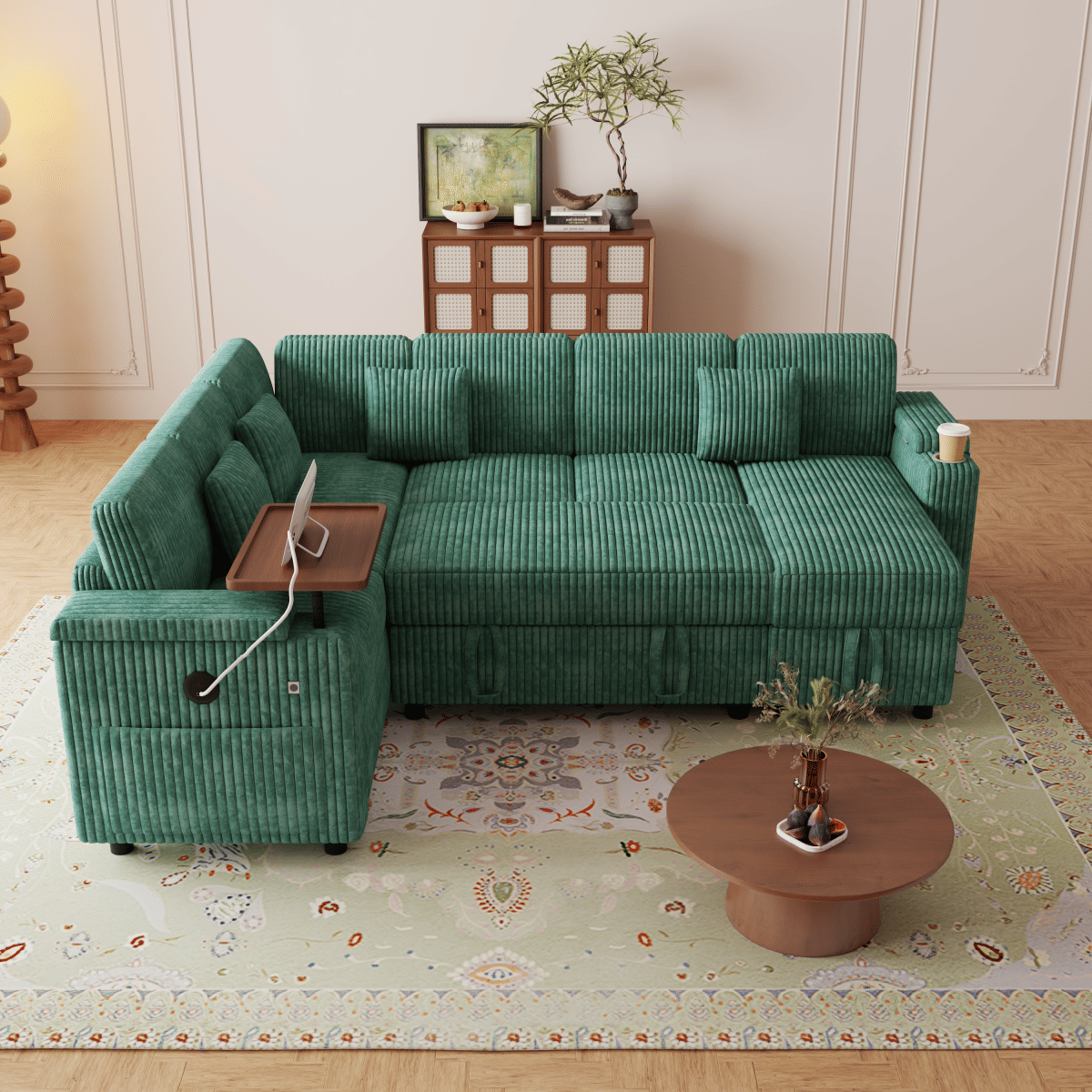 Corduroy Streamdale 100" U - Shaped Corduroy Pull - Out Sofa Bed with USB Ports & Storage