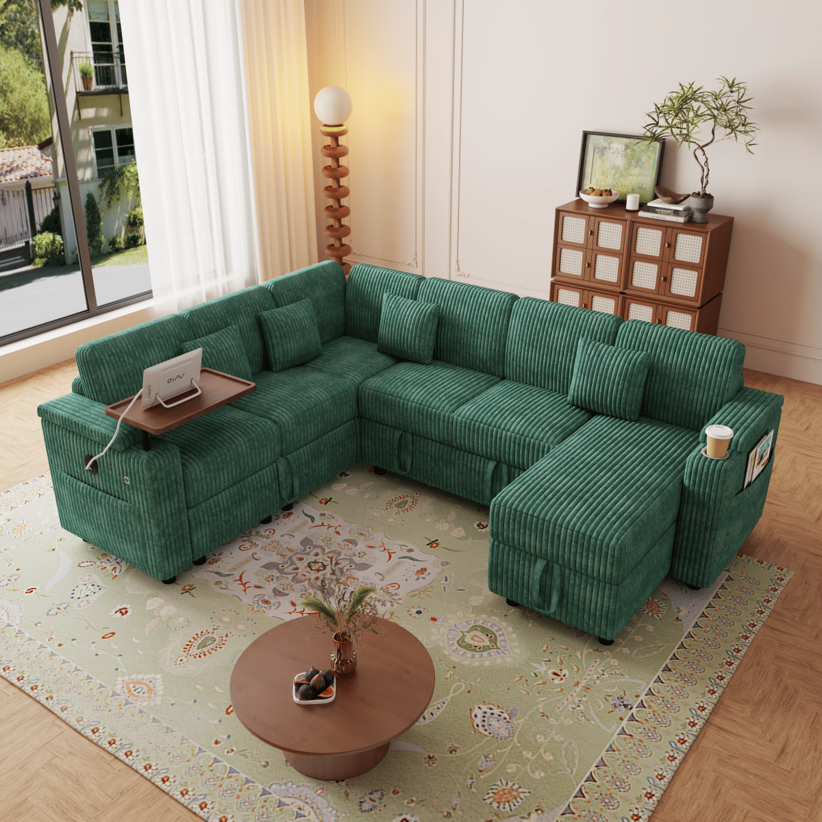 Corduroy Streamdale 100" U - Shaped Corduroy Pull - Out Sofa Bed with USB Ports & Storage
