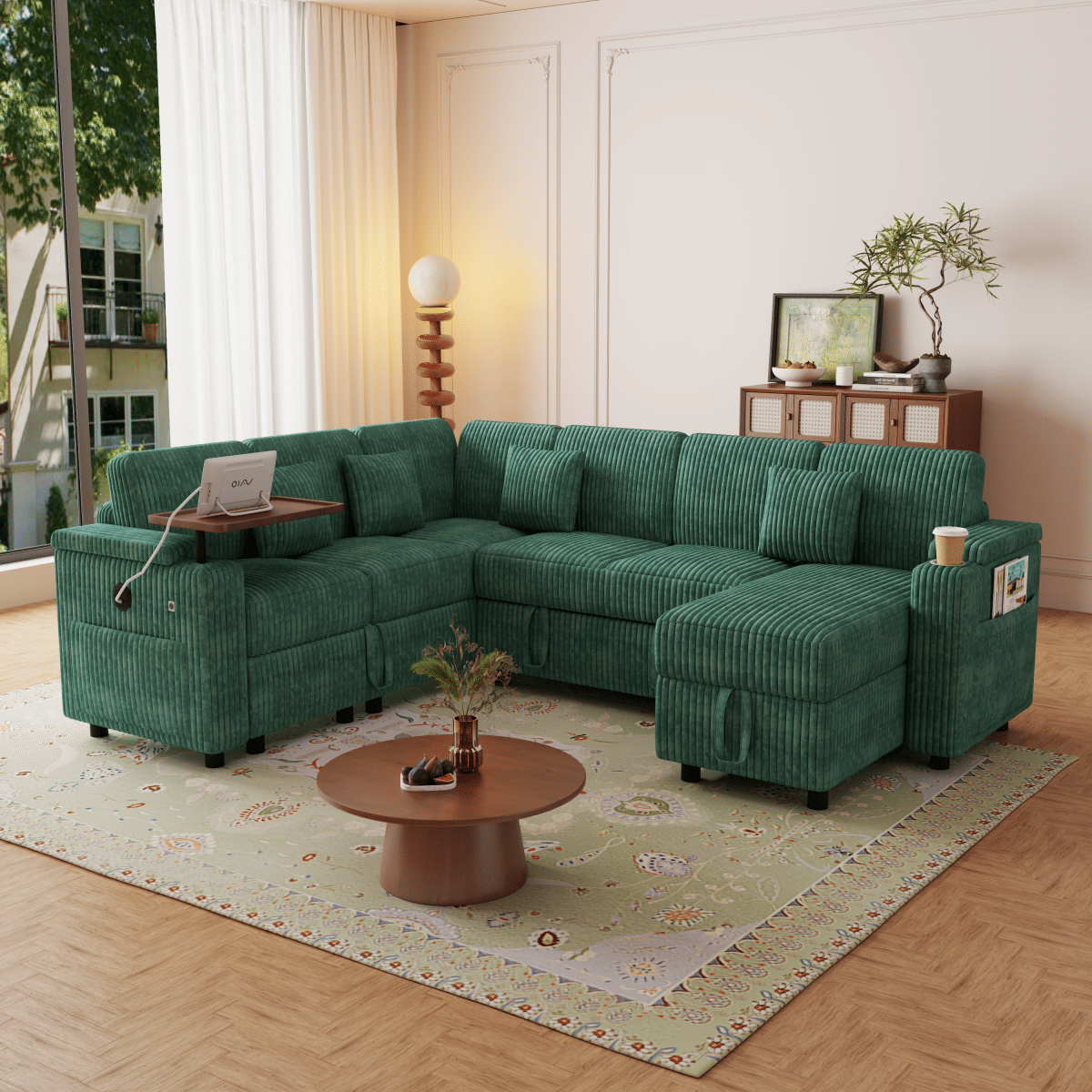 Corduroy Streamdale 100" U - Shaped Corduroy Pull - Out Sofa Bed with USB Ports & Storage