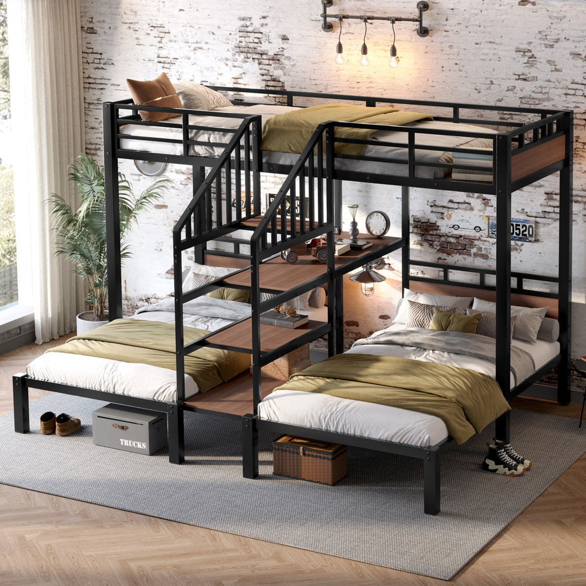 TRIPLE Streamdale Triple Metal Twin Bunk Bed with Storage Stairs and Shelves, Black