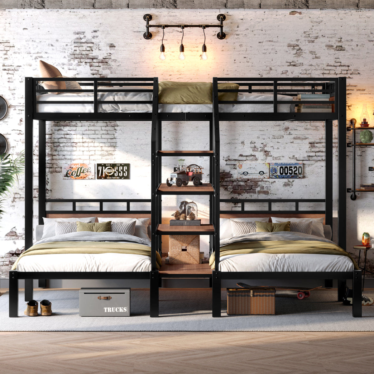 TRIPLE Streamdale Triple Metal Twin Bunk Bed with Storage Stairs and Shelves, Black