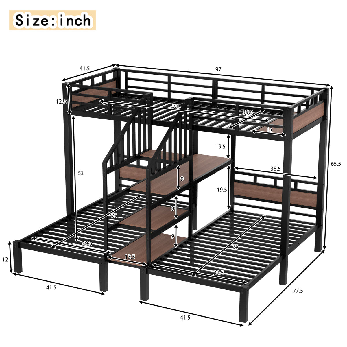 TRIPLE Streamdale Triple Metal Twin Bunk Bed with Storage Stairs and Shelves, Black