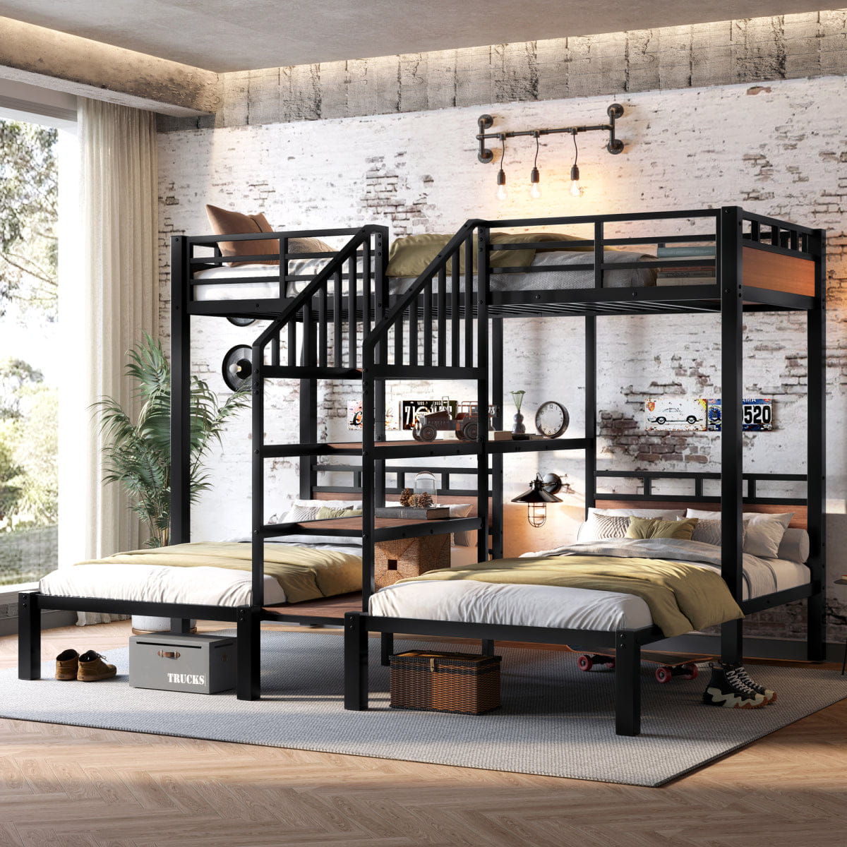 TRIPLE Streamdale Triple Metal Twin Bunk Bed with Storage Stairs and Shelves, Black