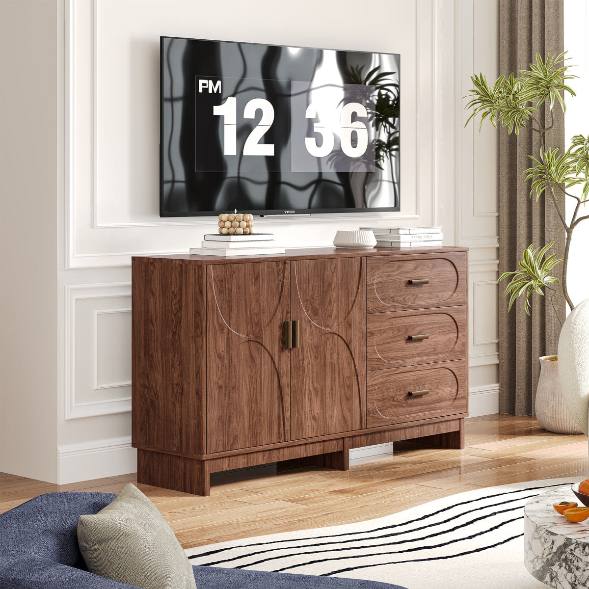 DOORS Streamdale 59.1" Walnut Farmhouse Buffet Sideboard with 2 Doors and 3 Drawers