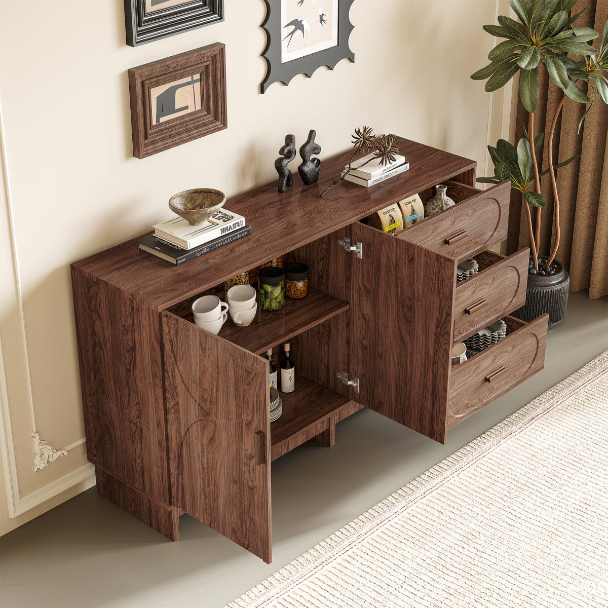 DOORS Streamdale 59.1" Walnut Farmhouse Buffet Sideboard with 2 Doors and 3 Drawers