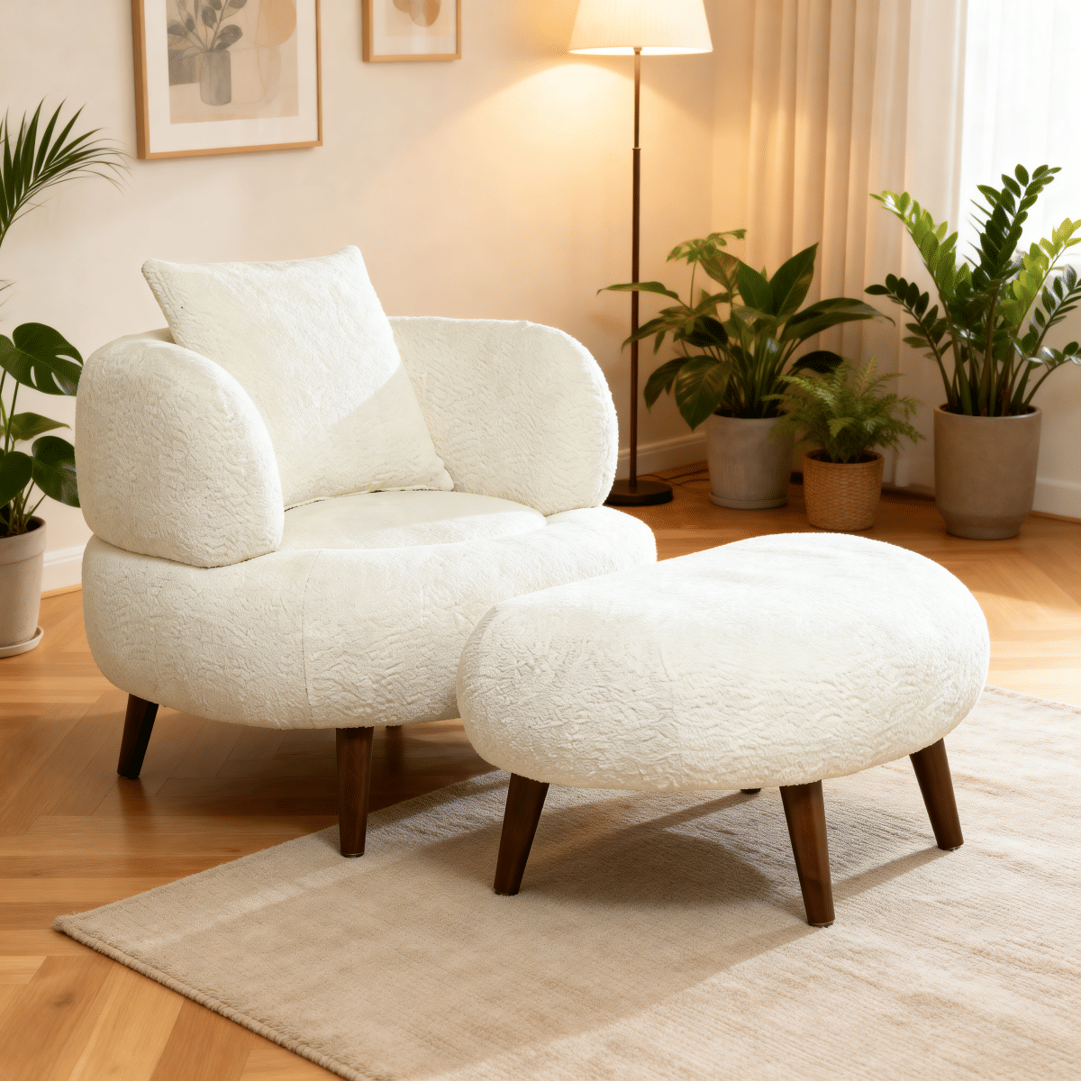WHITE* Streamdale Nordic Chenille Lazy Club Chair with Ottoman and Pillow, White