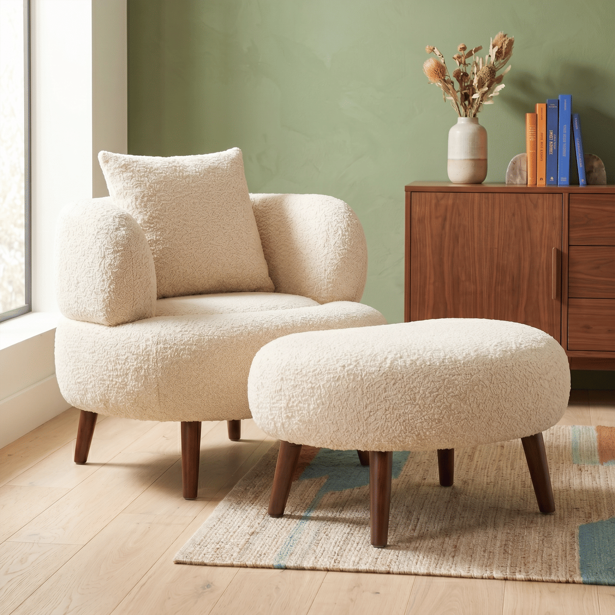 WHITE* Streamdale Nordic Chenille Lazy Club Chair with Ottoman and Pillow, White