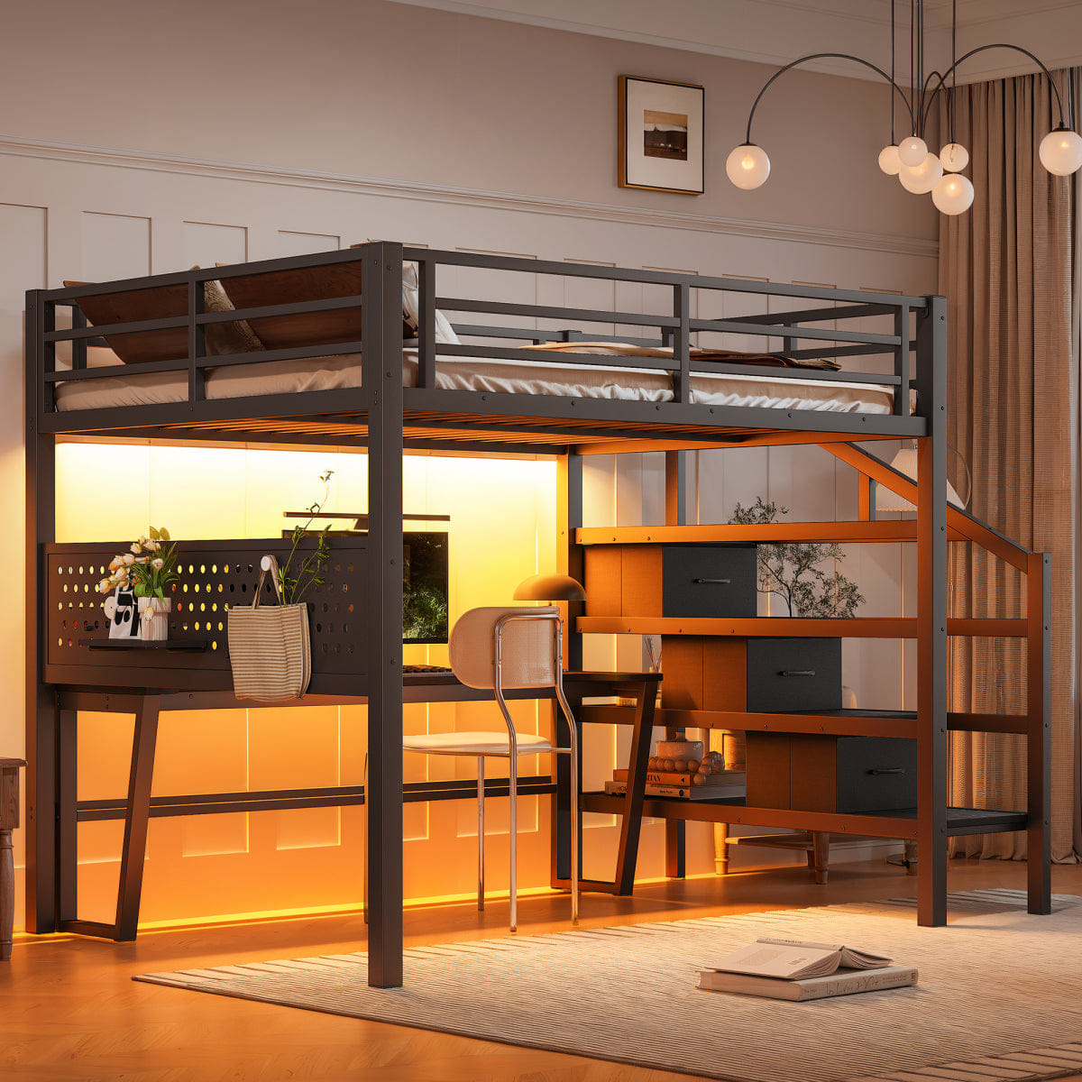 Loft Streamdale Full Size Metal Loft Bed with Desk, Stairs, USB, LED & Storage Drawers