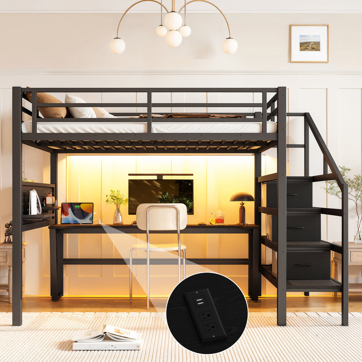 Loft Streamdale Full Size Metal Loft Bed with Desk, Stairs, USB, LED & Storage Drawers