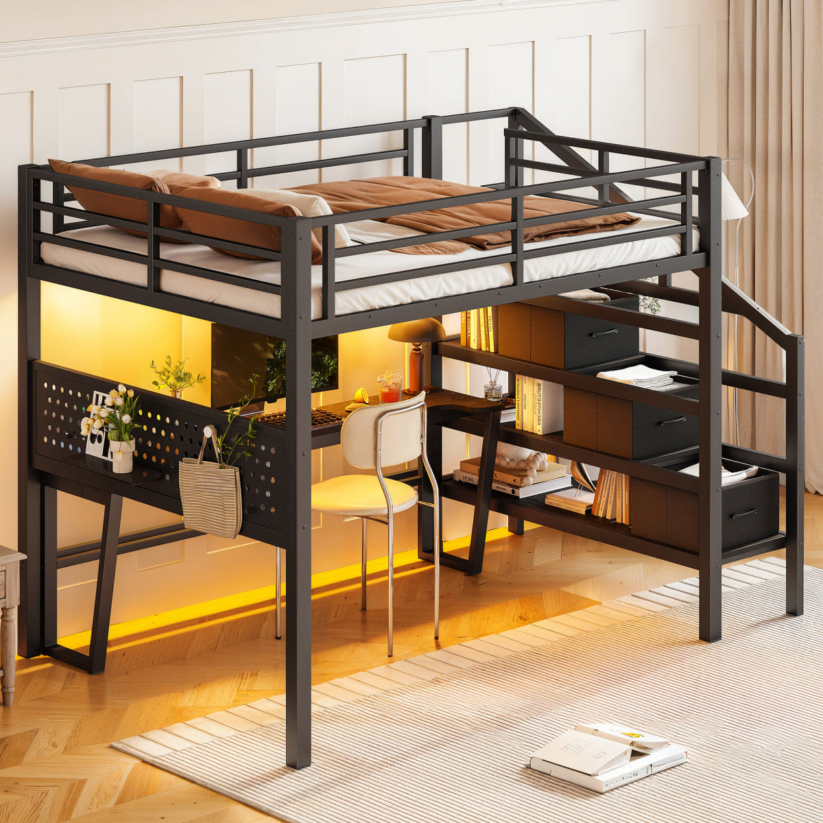 Loft Streamdale Full Size Metal Loft Bed with Desk, Stairs, USB, LED & Storage Drawers