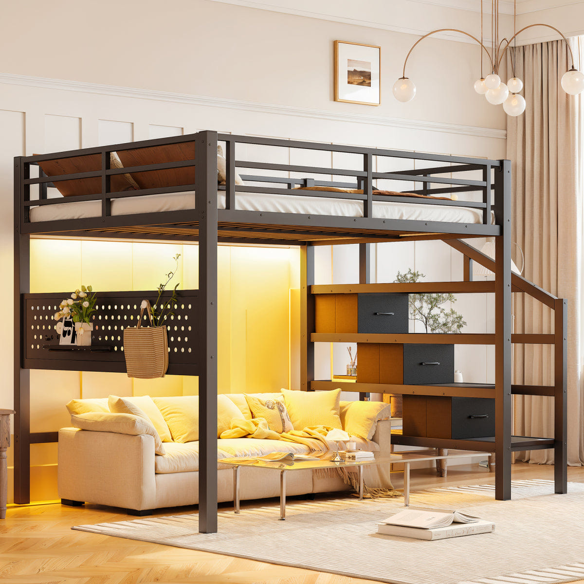 Loft Streamdale Full Size Metal Loft Bed with Desk, Stairs, USB, LED & Storage Drawers