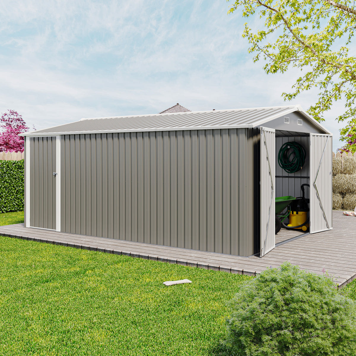 OUTDOOR Streamdale 10x14 Metal Outdoor Storage Shed with 3 Lockable Doors, Light Grey