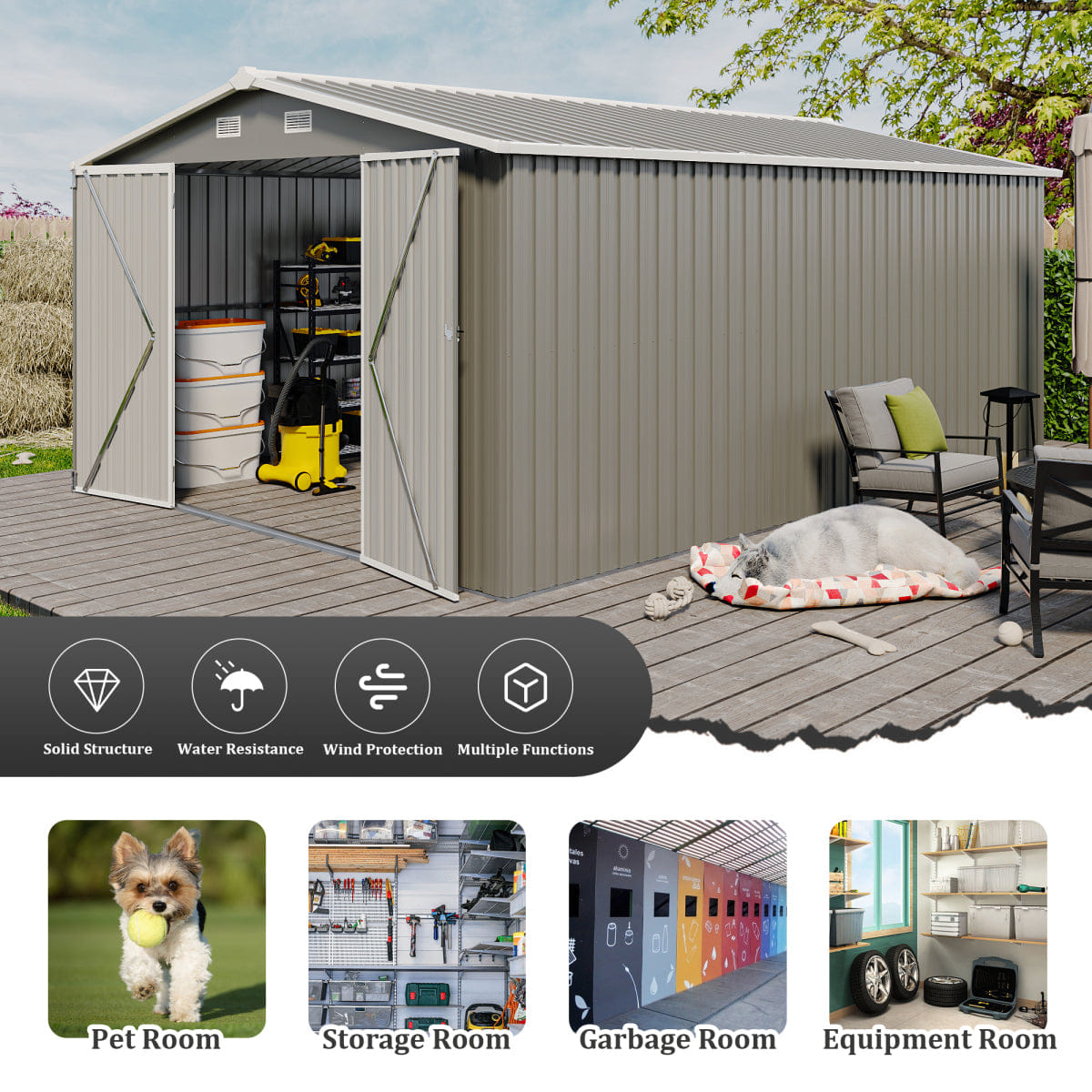 OUTDOOR Streamdale 10x14 Metal Outdoor Storage Shed with 3 Lockable Doors, Light Grey