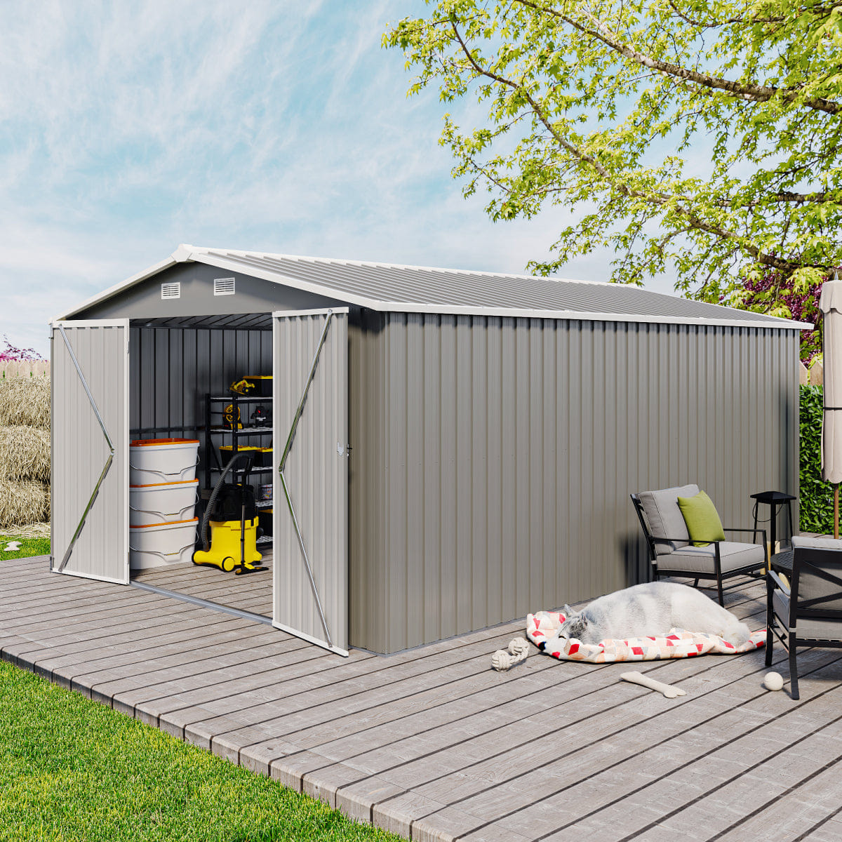 OUTDOOR Streamdale 10x14 Metal Outdoor Storage Shed with 3 Lockable Doors, Light Grey