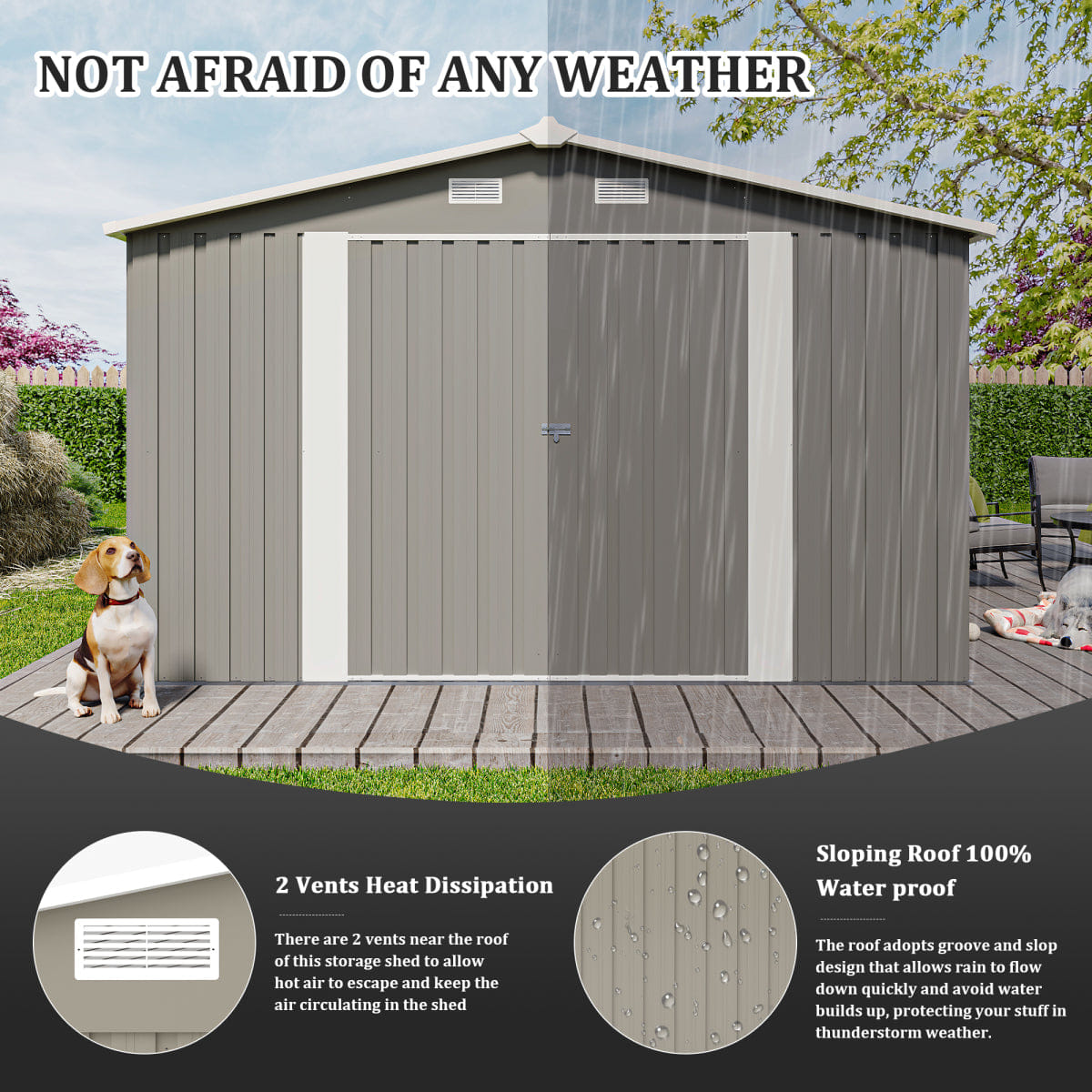 OUTDOOR Streamdale 10x14 Metal Outdoor Storage Shed with 3 Lockable Doors, Light Grey