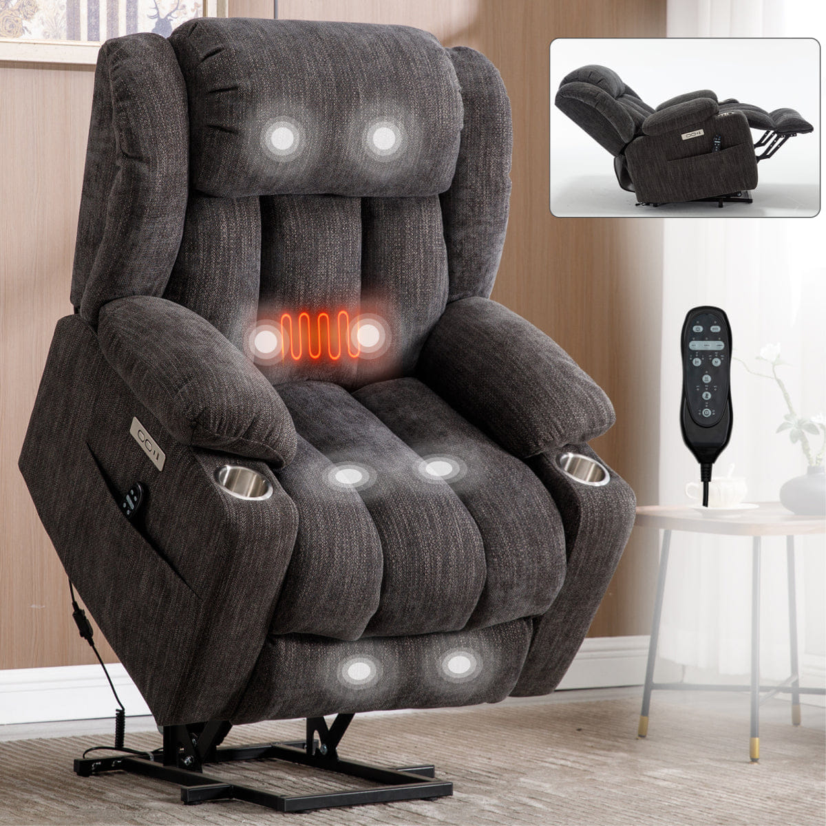 And Streamdale Heavy Duty Chenille Power Lift Recliner with Massage and Heat, Grey