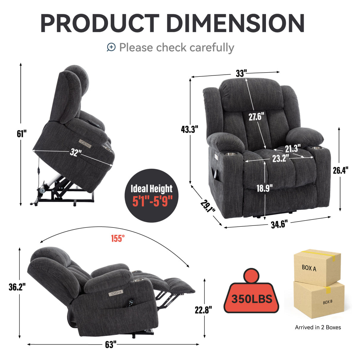 And Streamdale Heavy Duty Chenille Power Lift Recliner with Massage and Heat, Grey