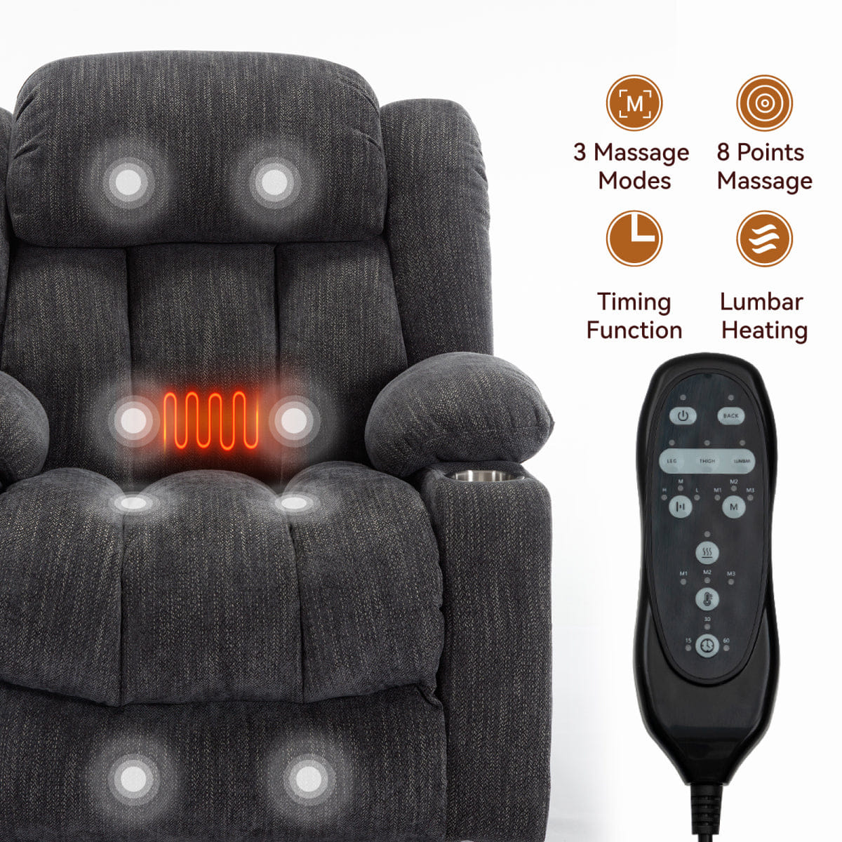 And Streamdale Heavy Duty Chenille Power Lift Recliner with Massage and Heat, Grey
