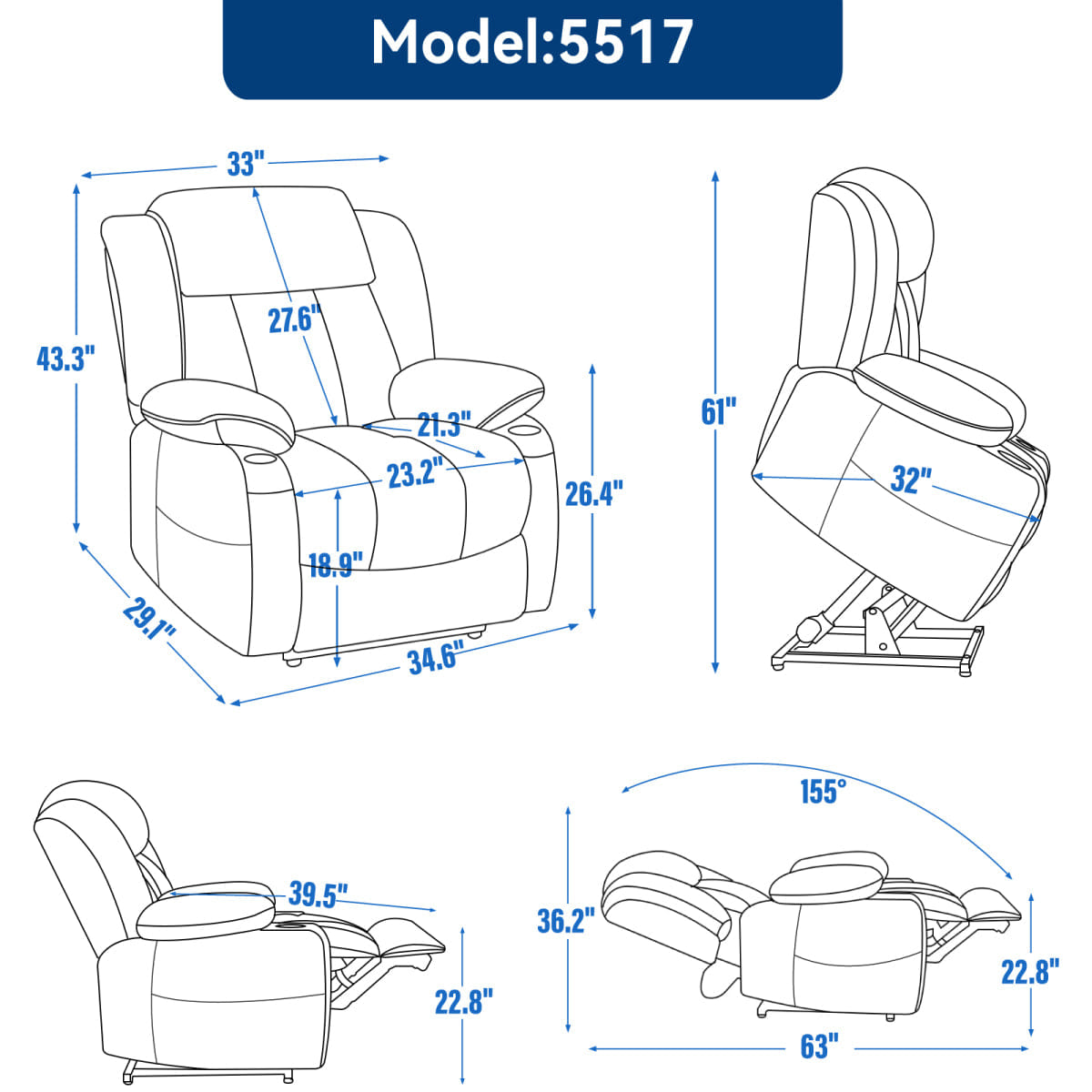 And Streamdale Heavy Duty Chenille Power Lift Recliner with Massage and Heat, Grey