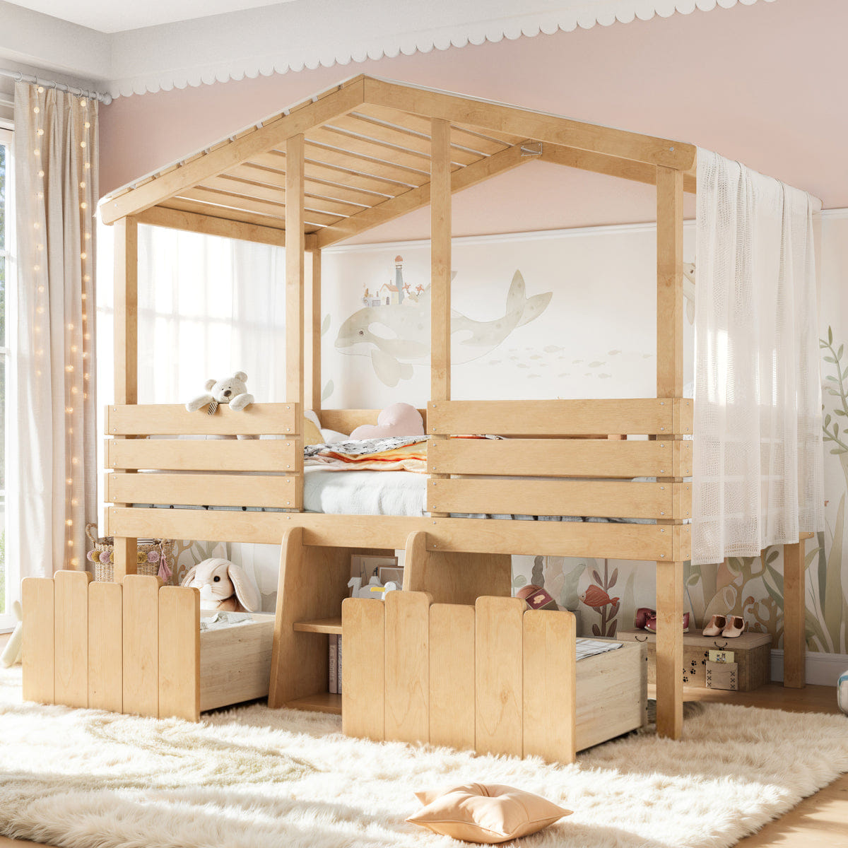Loft Streamdale Twin House Loft Bed with Stairs and 2 Storage Drawers, Natural