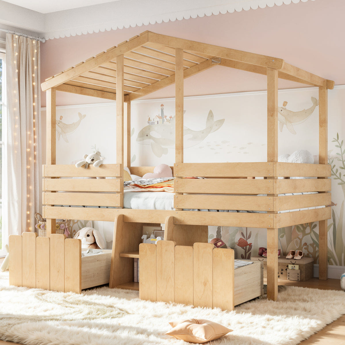 Loft Streamdale Twin House Loft Bed with Stairs and 2 Storage Drawers, Natural